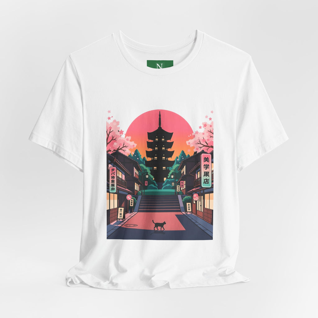 Japanese Pagoda Sunset Tee — Sakura Street Cat Graphic T-Shirt
