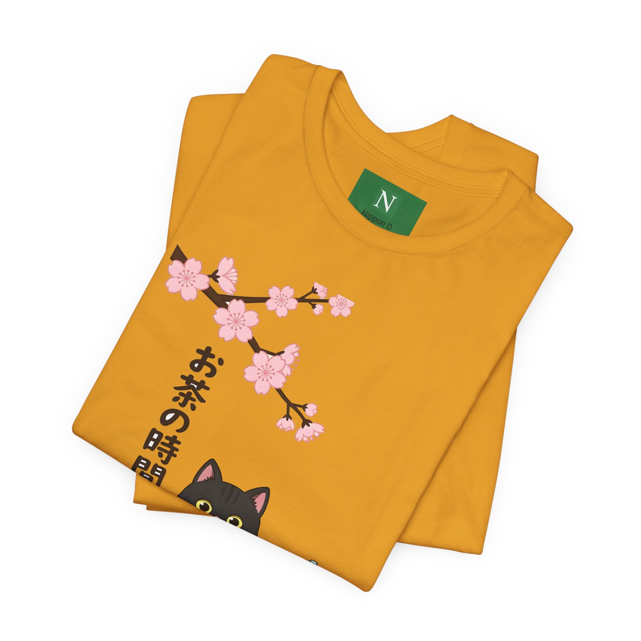 Cat Tea Time T-Shirt — Kawaii Black Cat with Sakura and Teapot