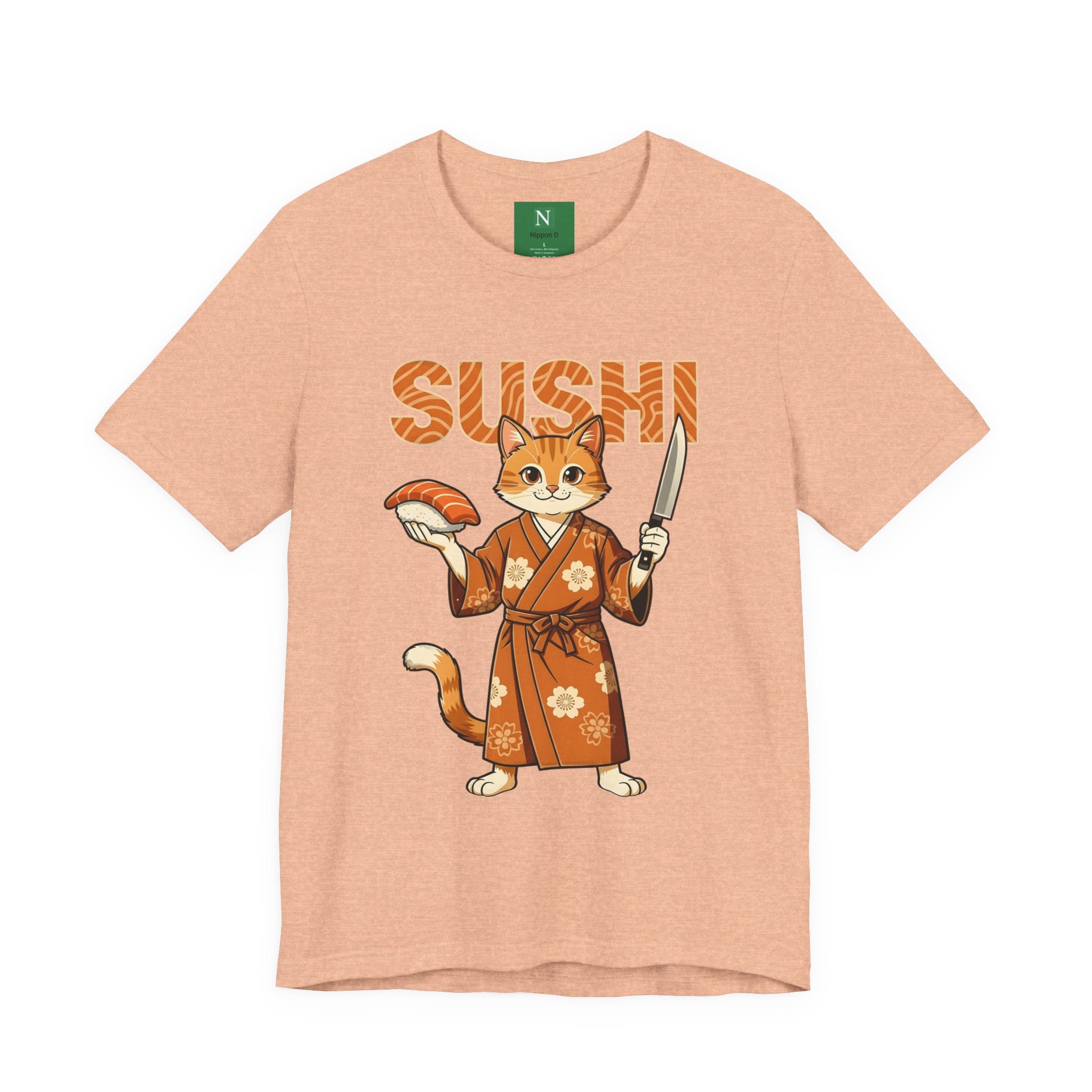 Sushi Cat Graphic Tee — Cute Samurai Cat Holding Sushi & Knife