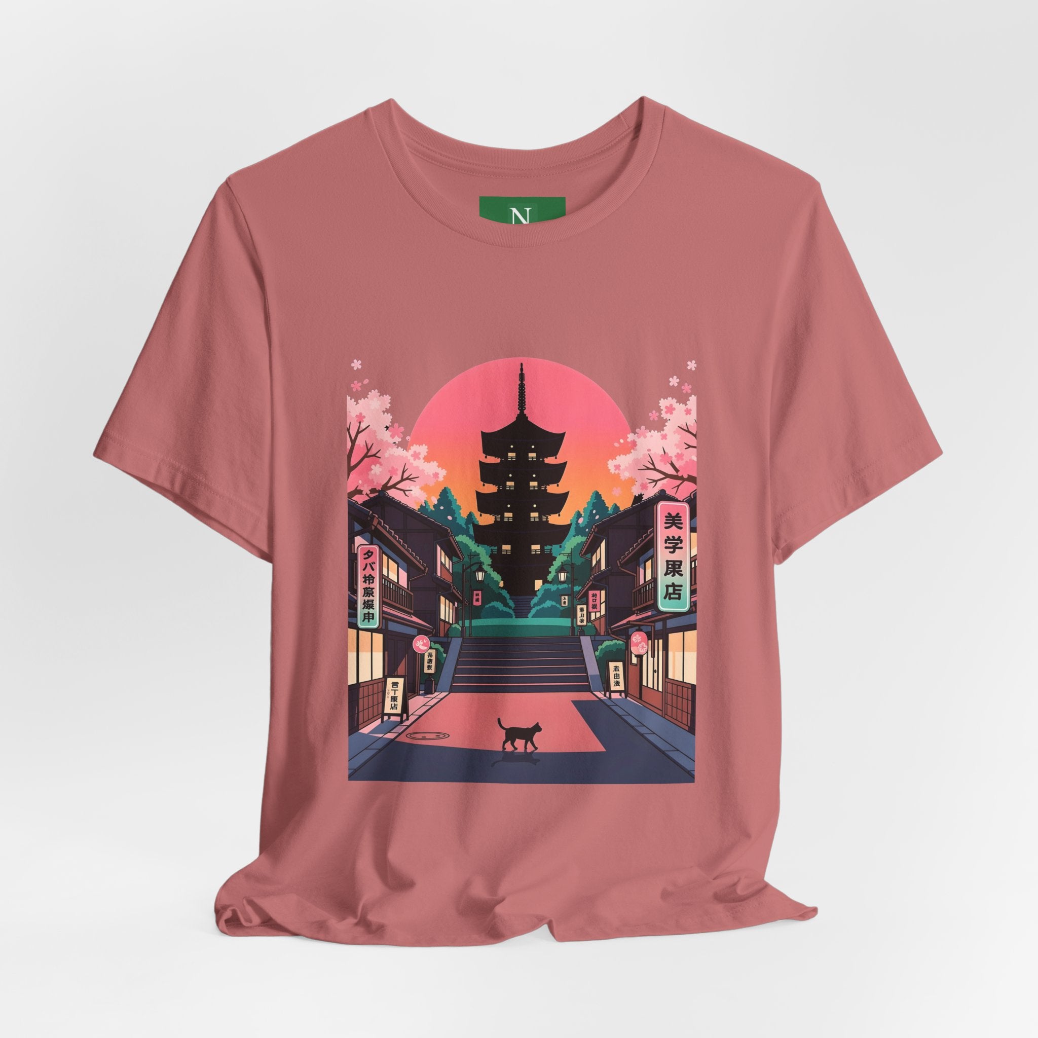Japanese Pagoda Sunset Tee — Sakura Street Cat Graphic T-Shirt