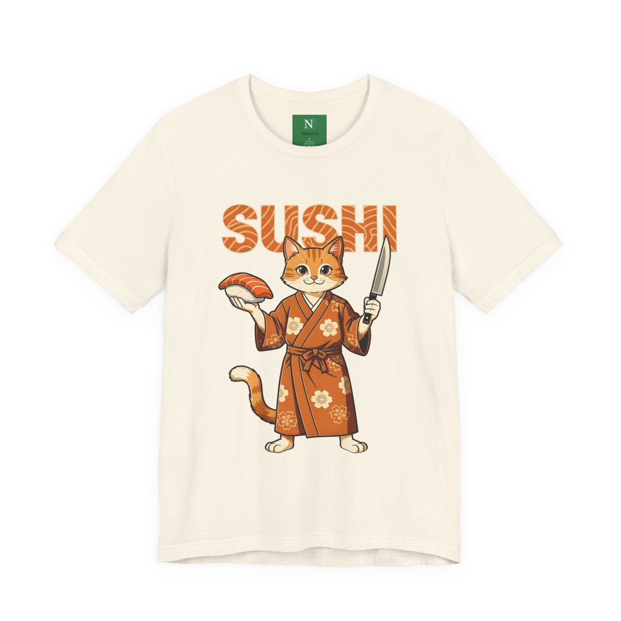 Sushi Cat Graphic Tee — Cute Samurai Cat Holding Sushi & Knife