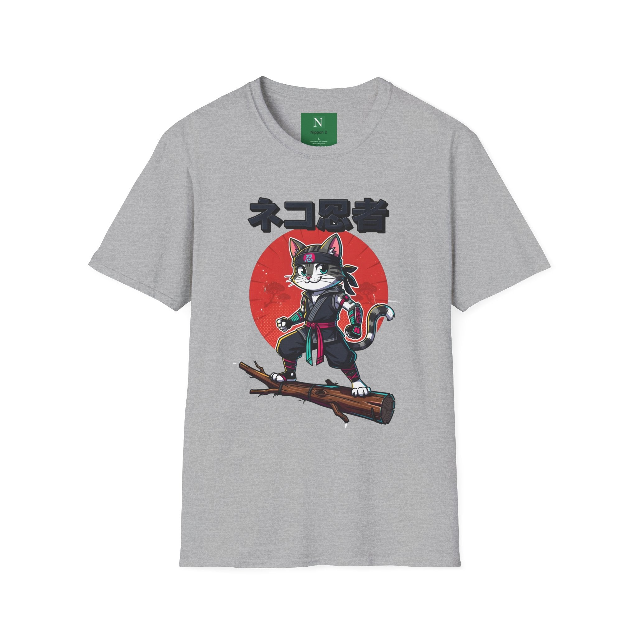 Neko Ronin Cat T-Shirt – Samurai Cat with Red Sun Japanese Text