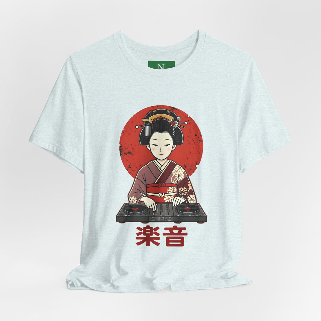 Geisha DJ T-Shirt — Japanese Vinyl Turntable Tee with '楽音' (Music) Design