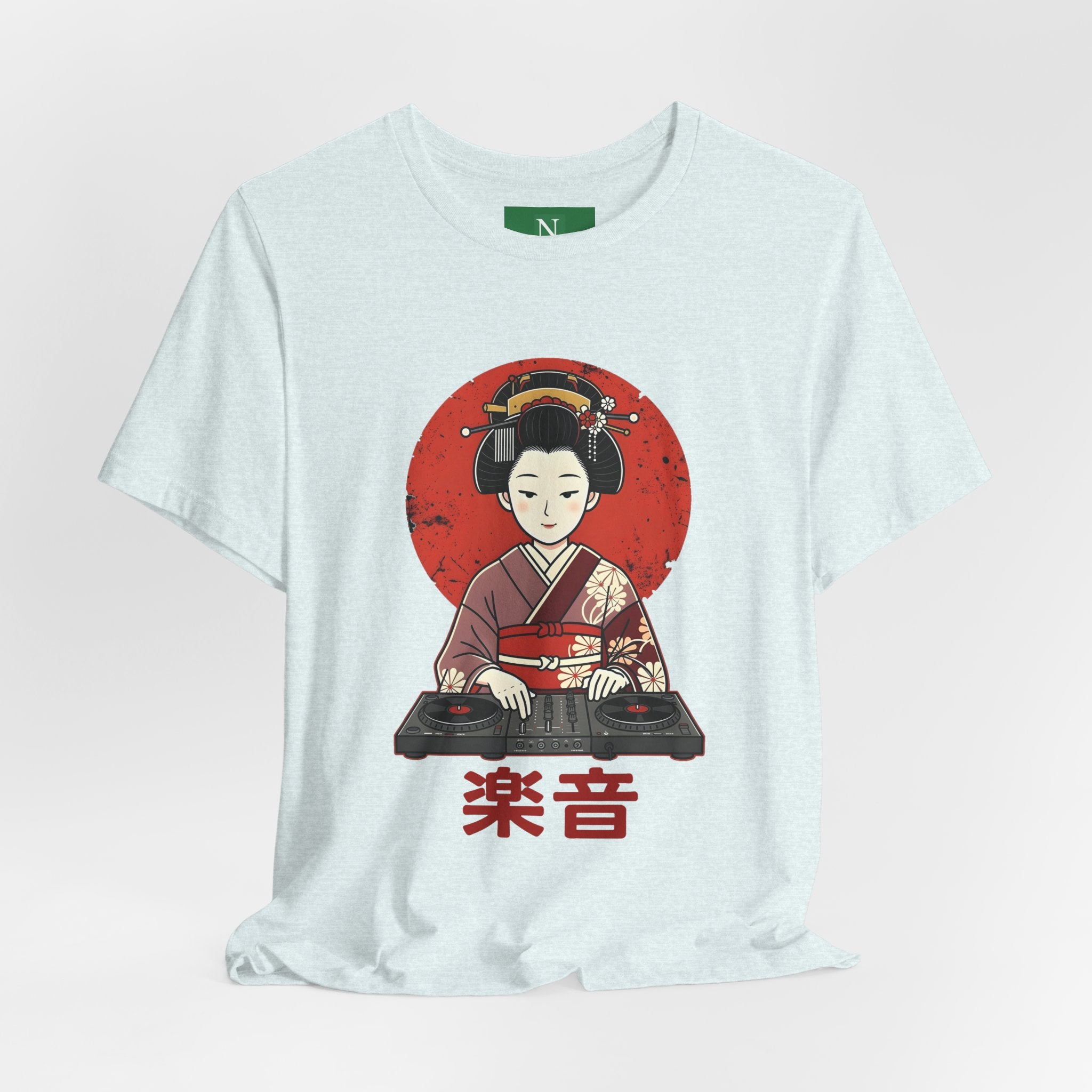 Geisha DJ T-Shirt — Japanese Vinyl Turntable Tee with '楽音' (Music) Design