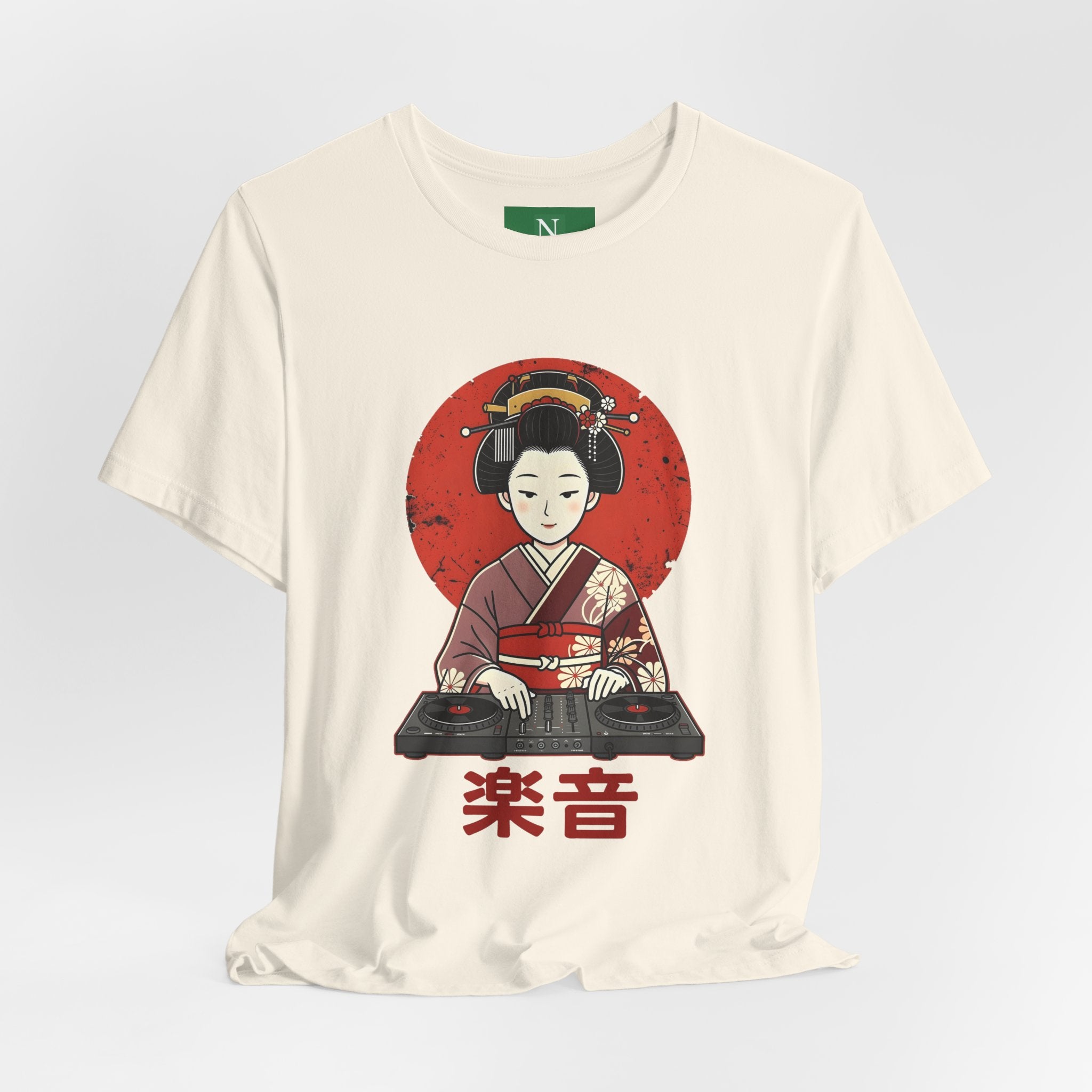 Geisha DJ T-Shirt — Japanese Vinyl Turntable Tee with '楽音' (Music) Design