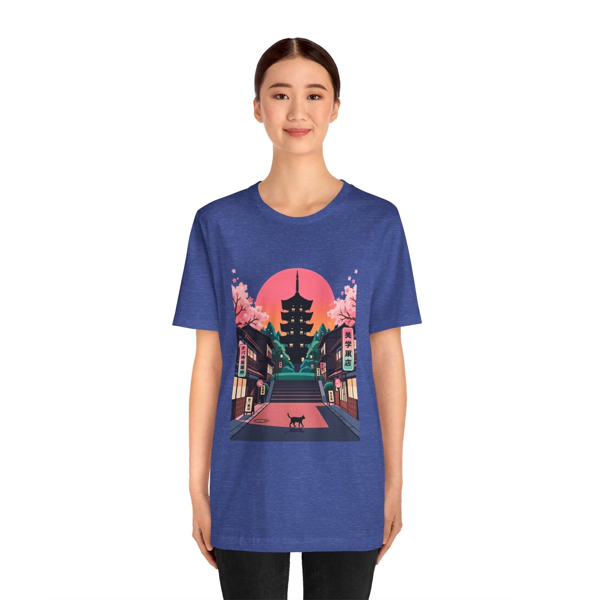Japanese Pagoda Sunset Tee — Sakura Street Cat Graphic T-Shirt