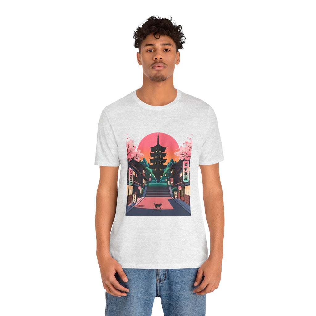 Japanese Pagoda Sunset Tee — Sakura Street Cat Graphic T-Shirt