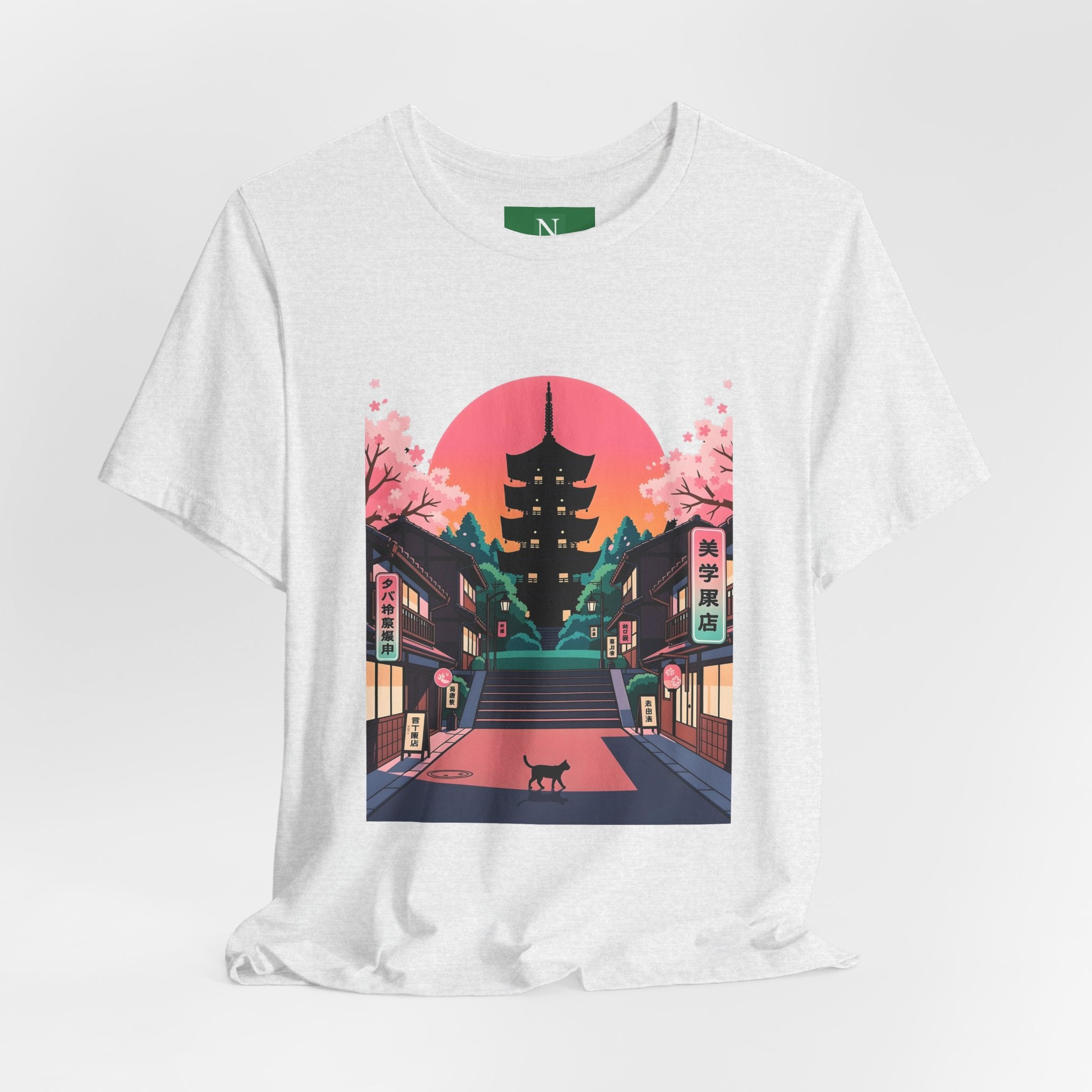 Japanese Pagoda Sunset Tee — Sakura Street Cat Graphic T-Shirt