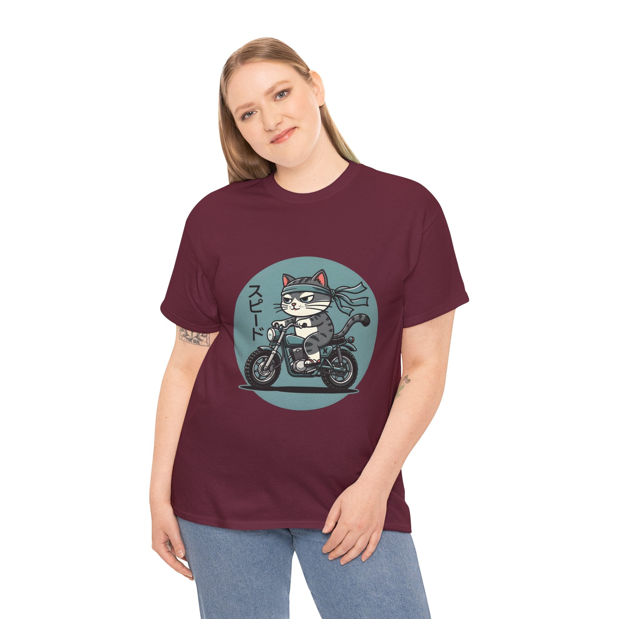 Cat Biker T‑Shirt — Retro Motorcycle Cat with Japanese “Speed” Text