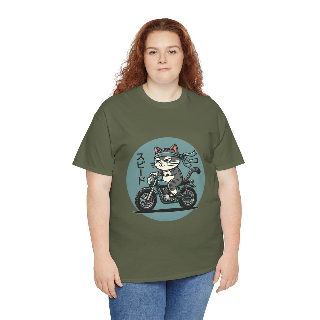 Cat Biker T‑Shirt — Retro Motorcycle Cat with Japanese “Speed” Text