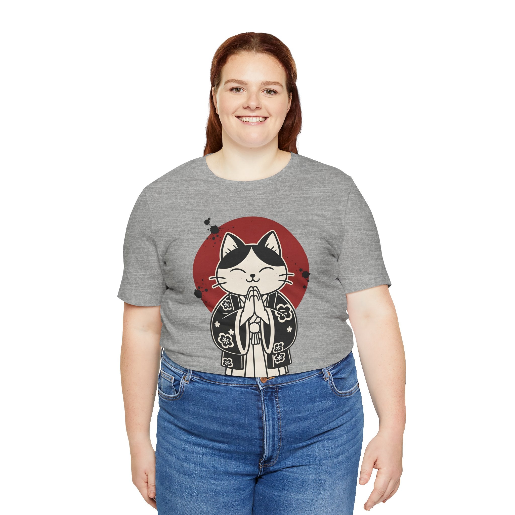 Samurai Cat T‑Shirt — Cute Praying Cat with Red Sun Graphic