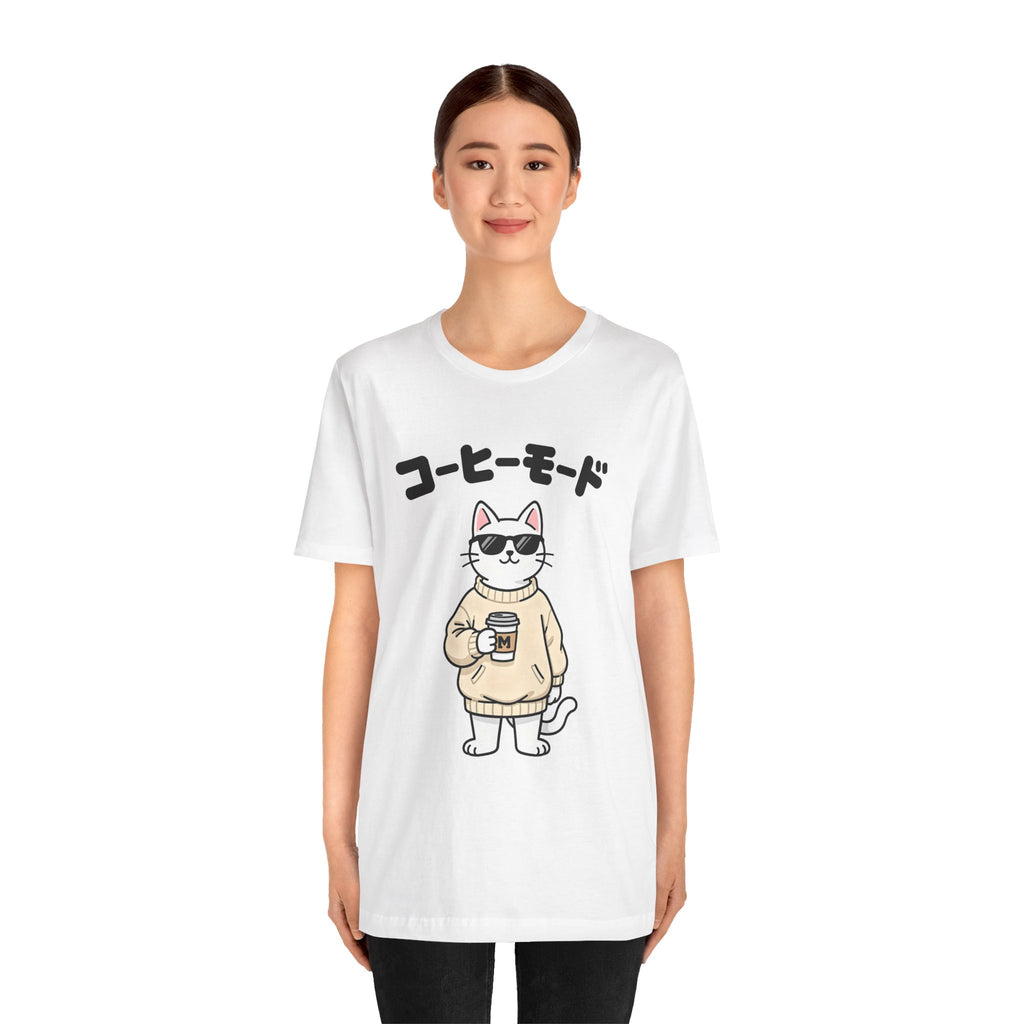 Coffee Mode Cat Tee — Cute Japanese Cat Holding Coffee T-Shirt