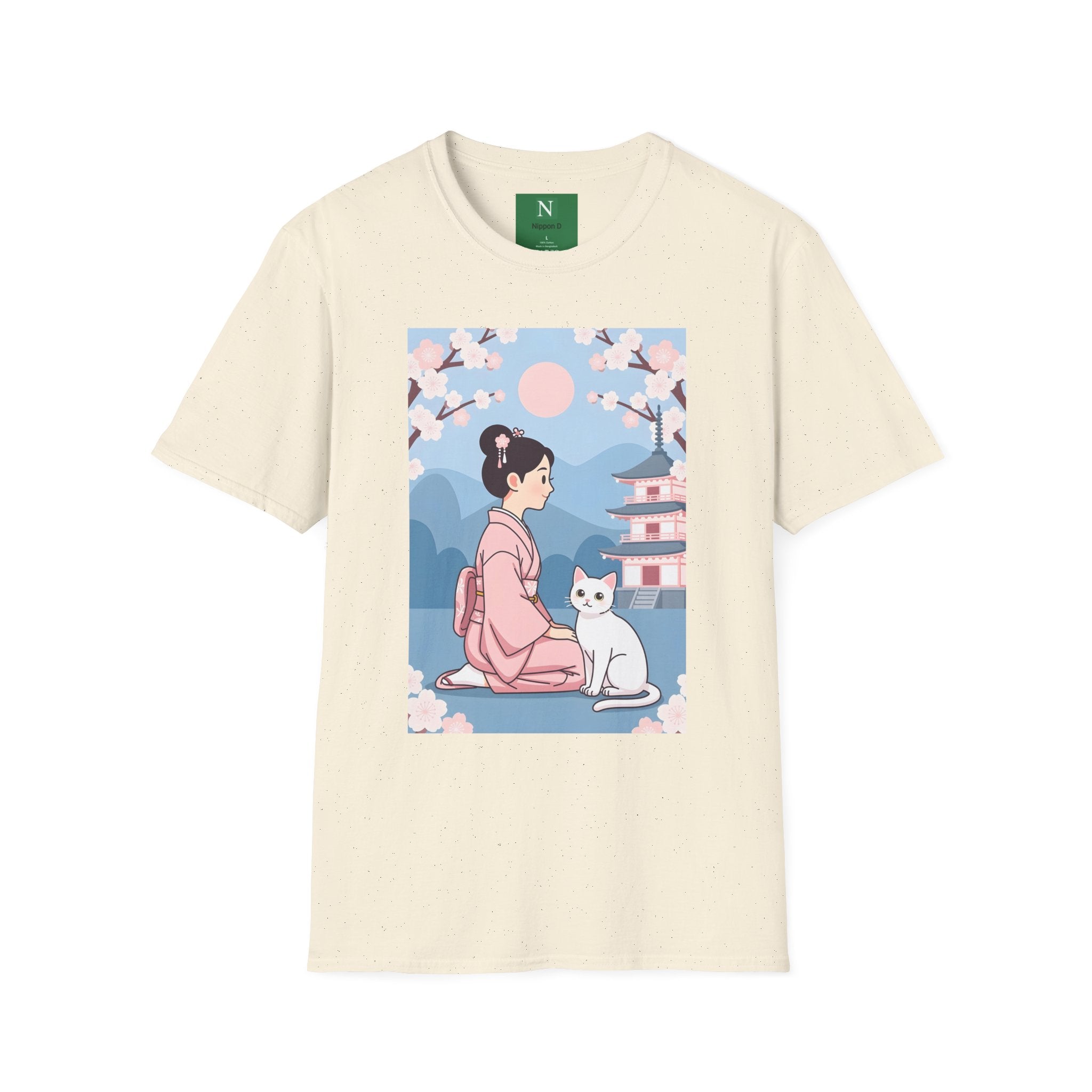 Cherry Blossom Geisha Tee — Japanese Girl & Cat Graphic T-Shirt
