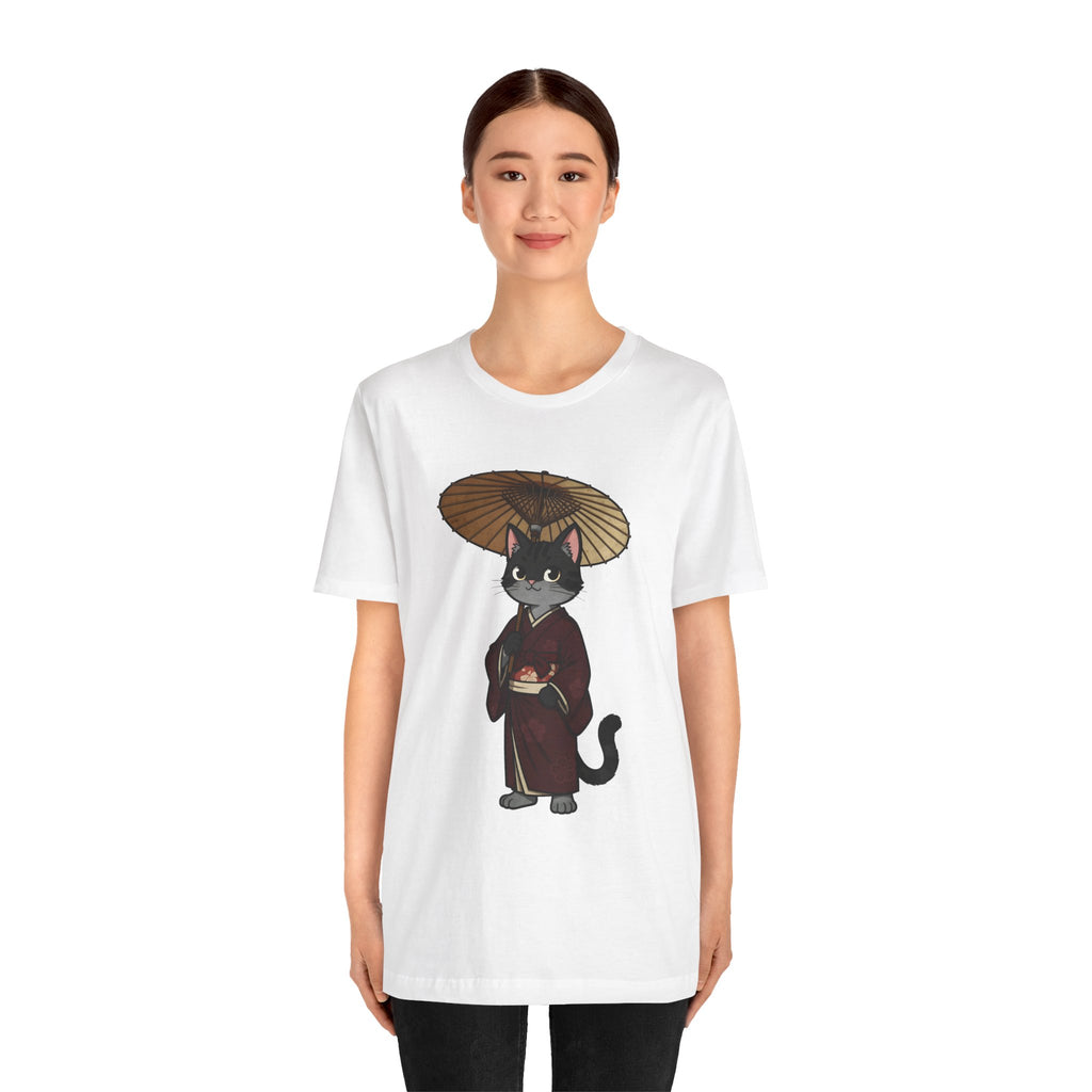 Geisha Cat Tee — Japanese Umbrella Cat Graphic T-Shirt