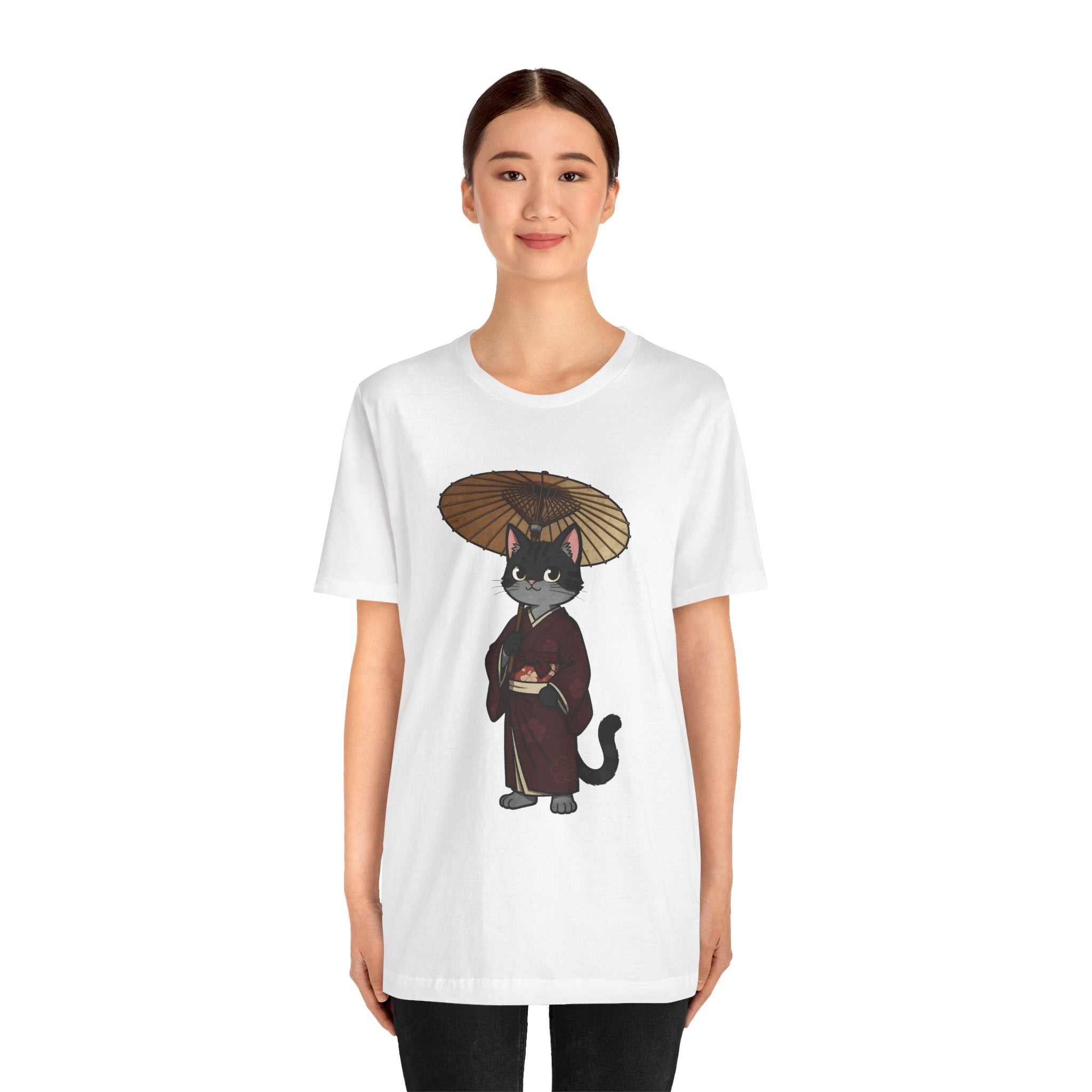Geisha Cat Tee — Japanese Umbrella Cat Graphic T-Shirt