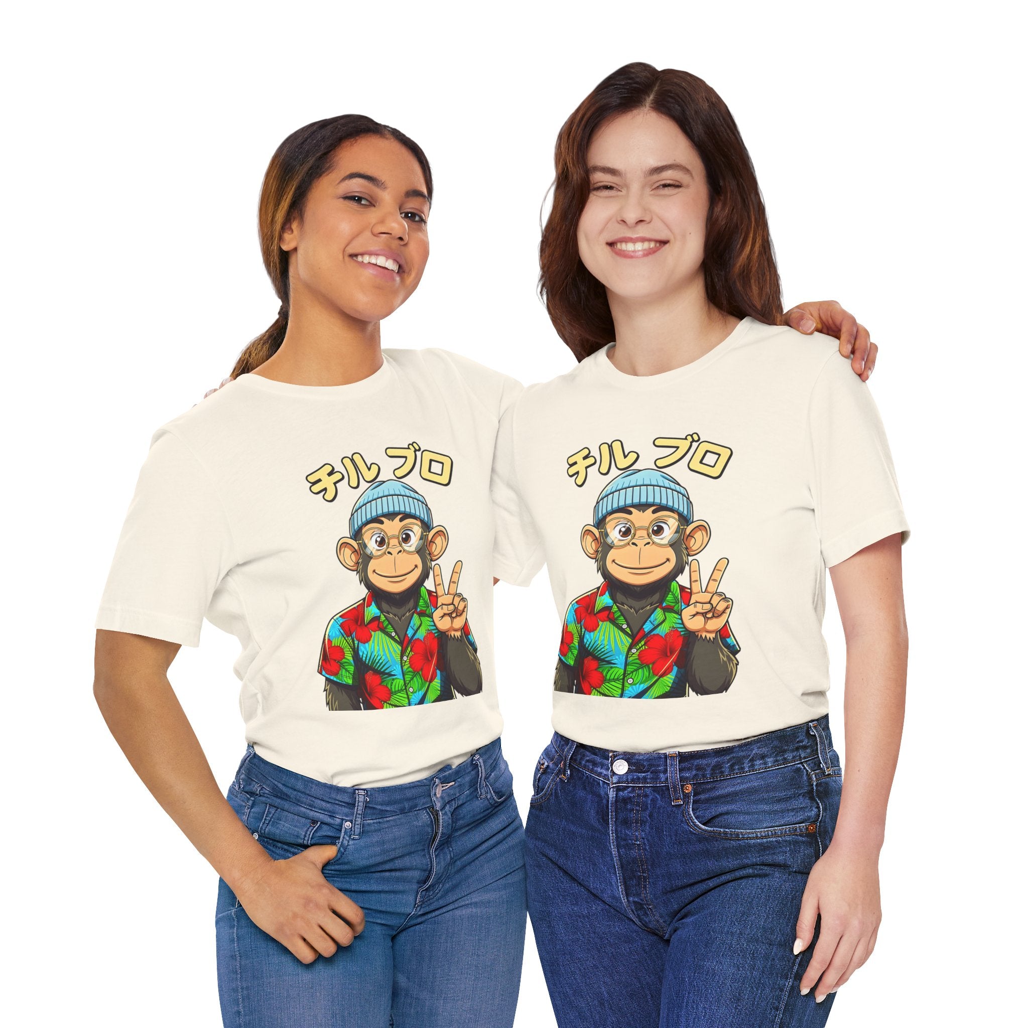 Monkey Peace Sign Tee — Hawaiian Shirt Chimp Graphic with Japanese Text