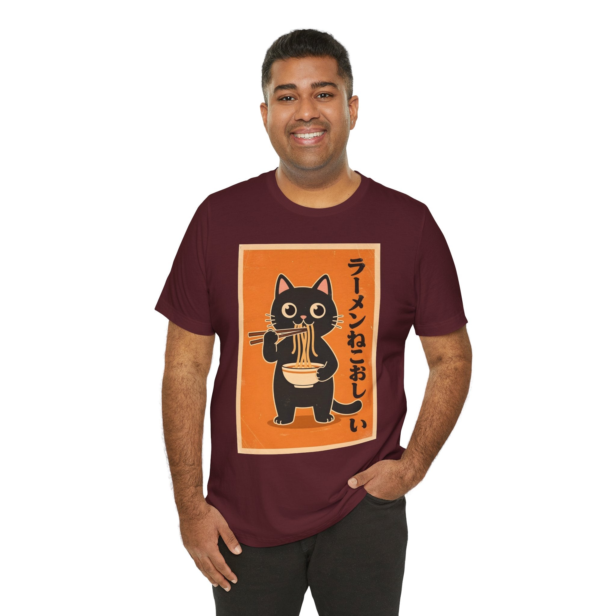 Ramen Cat Graphic Tee — Cute Black Cat Eating Ramen Japanese Text Shirt