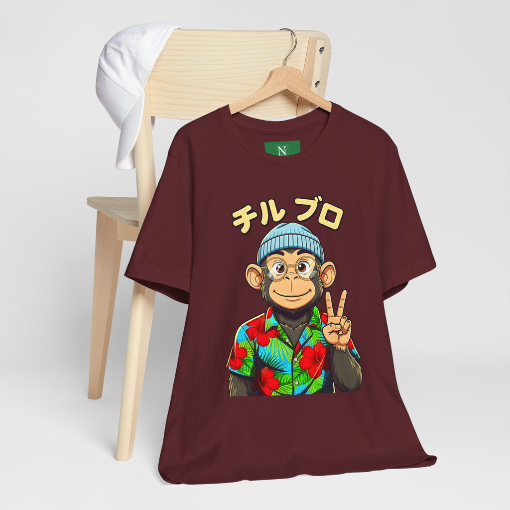 Monkey Peace Sign Tee — Hawaiian Shirt Chimp Graphic with Japanese Text
