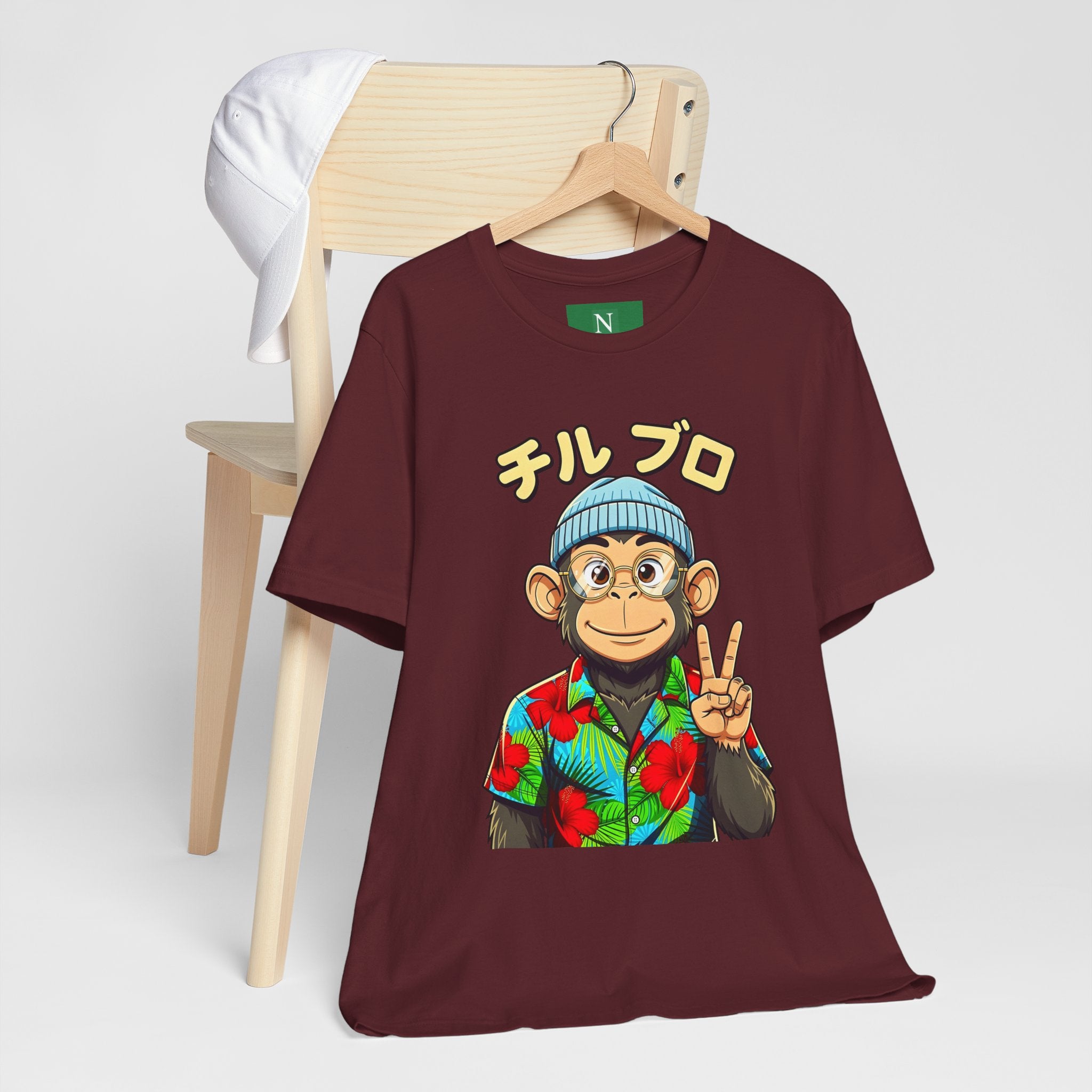 Monkey Peace Sign Tee — Hawaiian Shirt Chimp Graphic with Japanese Text