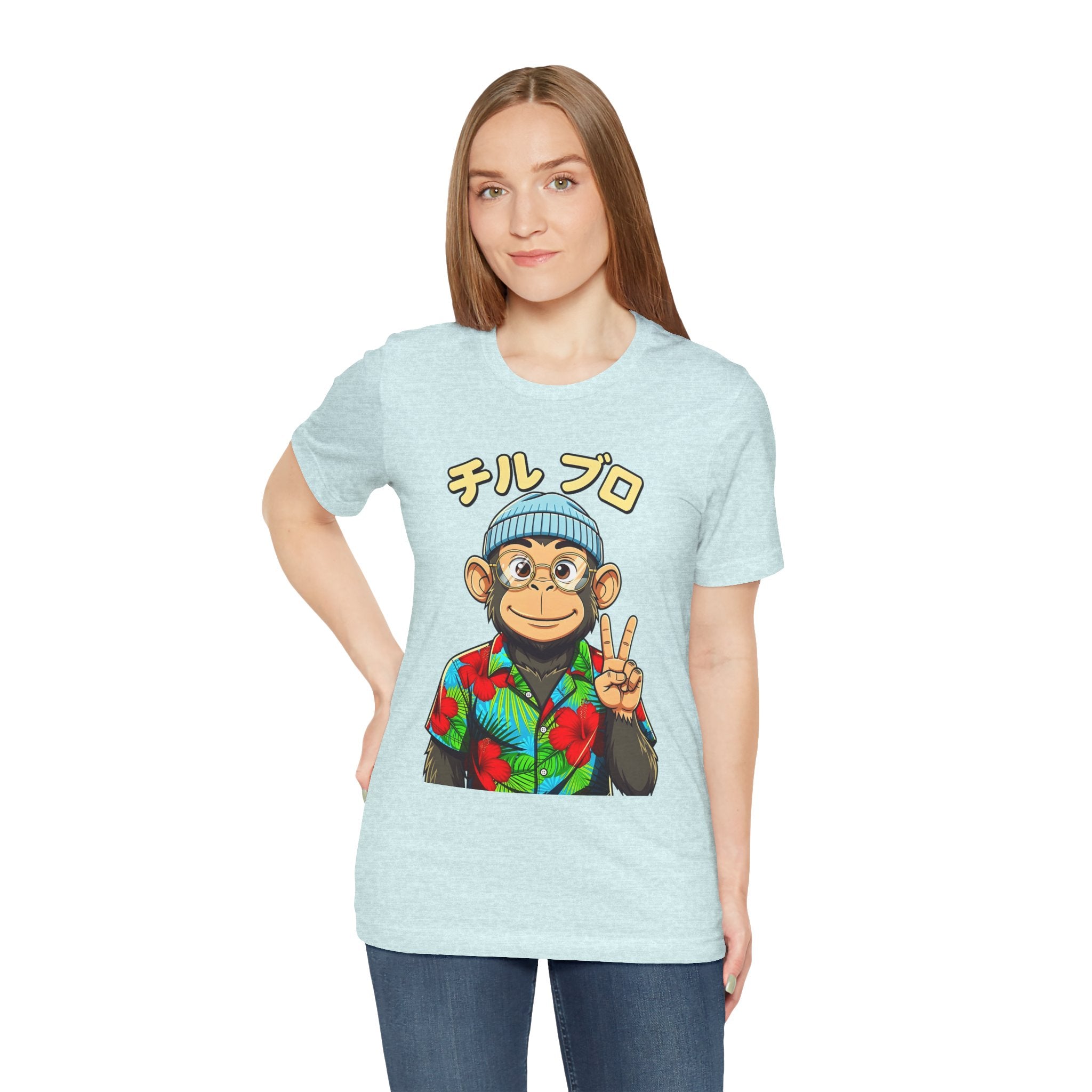 Monkey Peace Sign Tee — Hawaiian Shirt Chimp Graphic with Japanese Text
