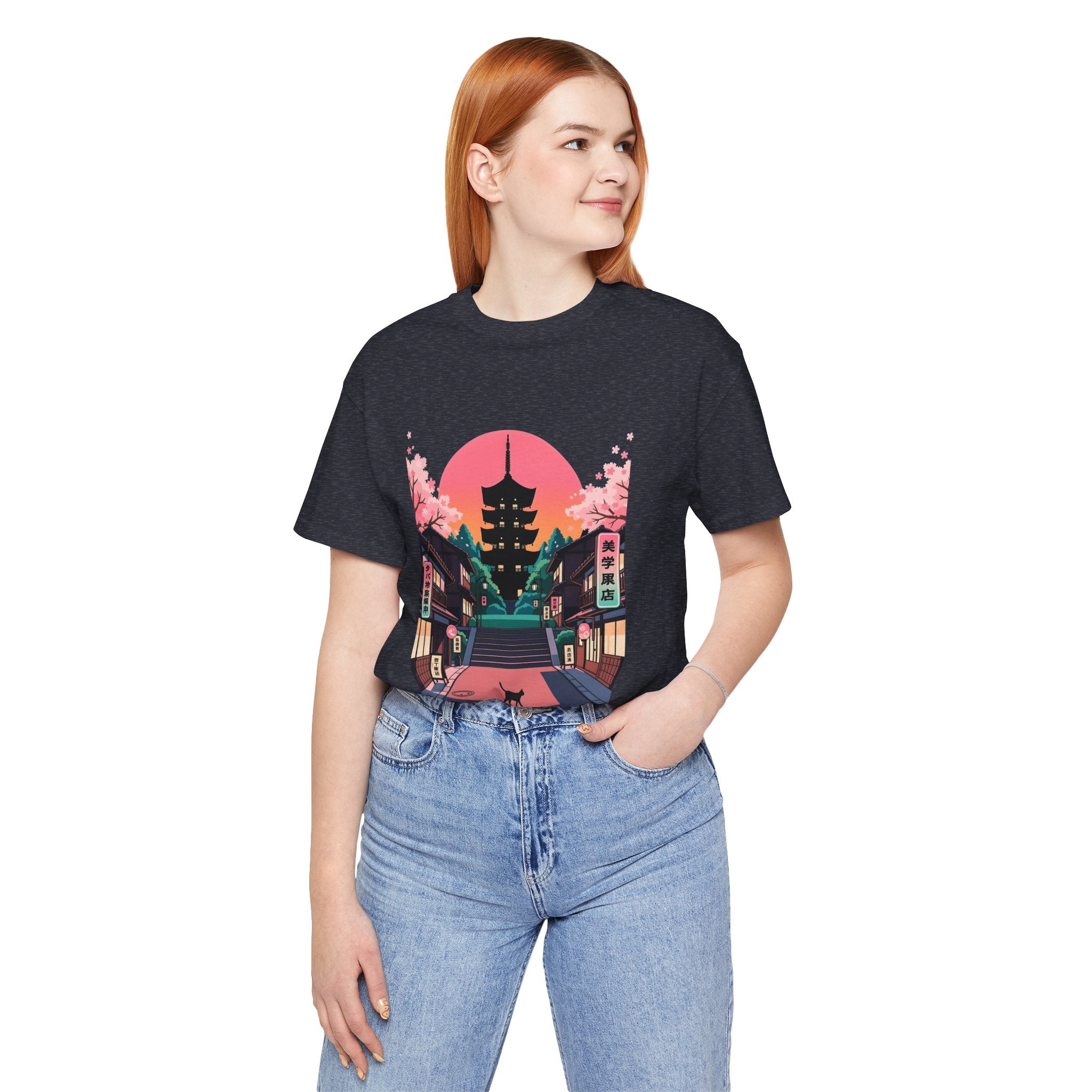 Japanese Pagoda Sunset Tee — Sakura Street Cat Graphic T-Shirt