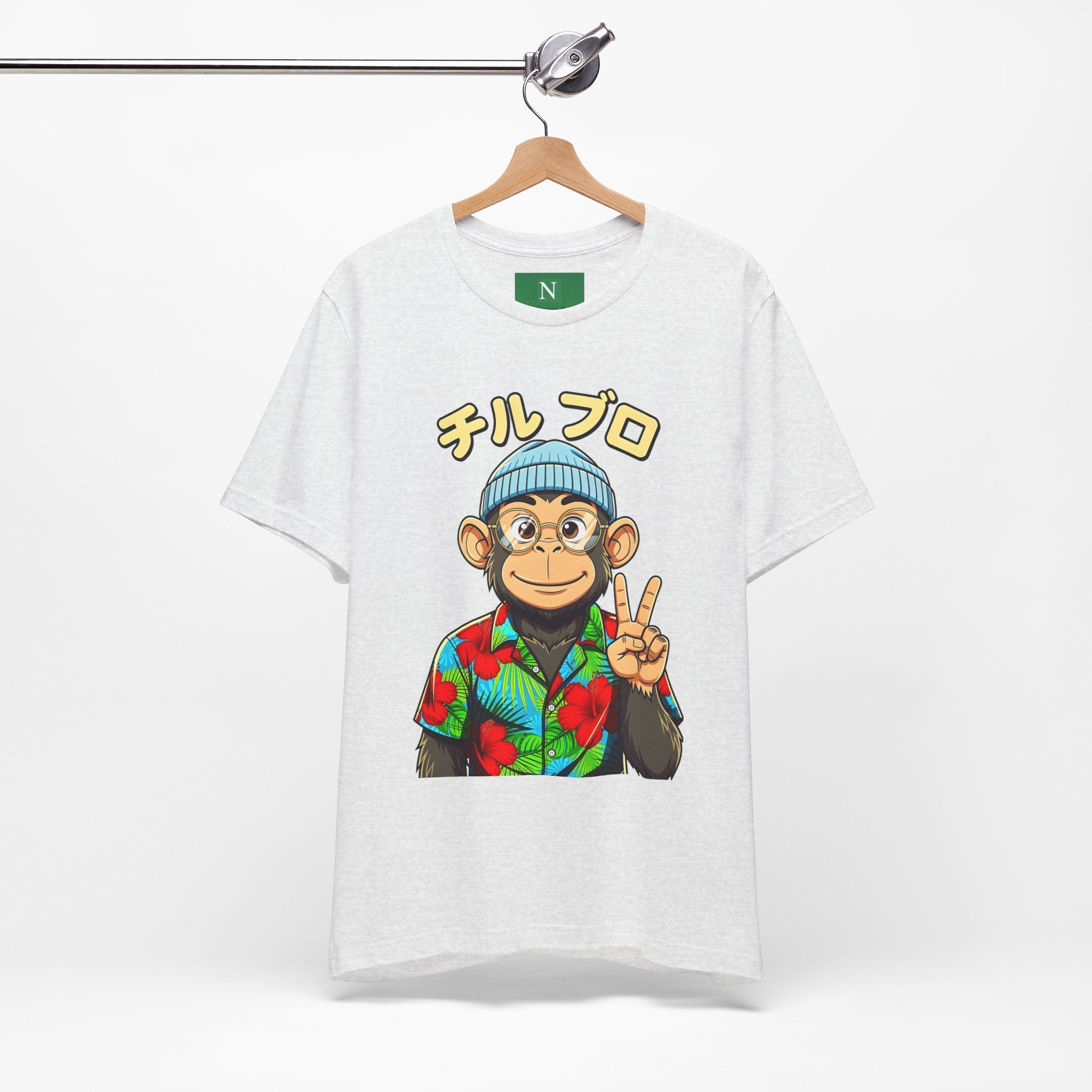 Monkey Peace Sign Tee — Hawaiian Shirt Chimp Graphic with Japanese Text