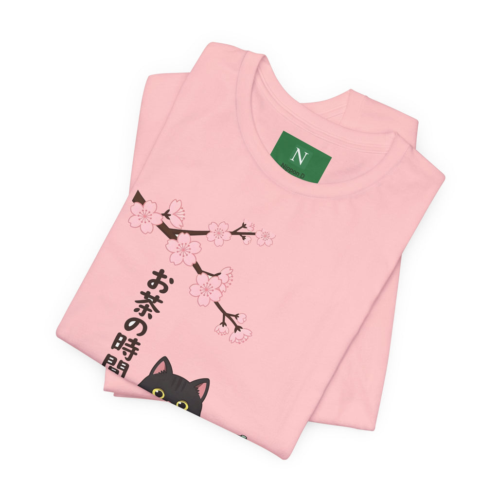 Cat Tea Time T-Shirt — Kawaii Black Cat with Sakura and Teapot