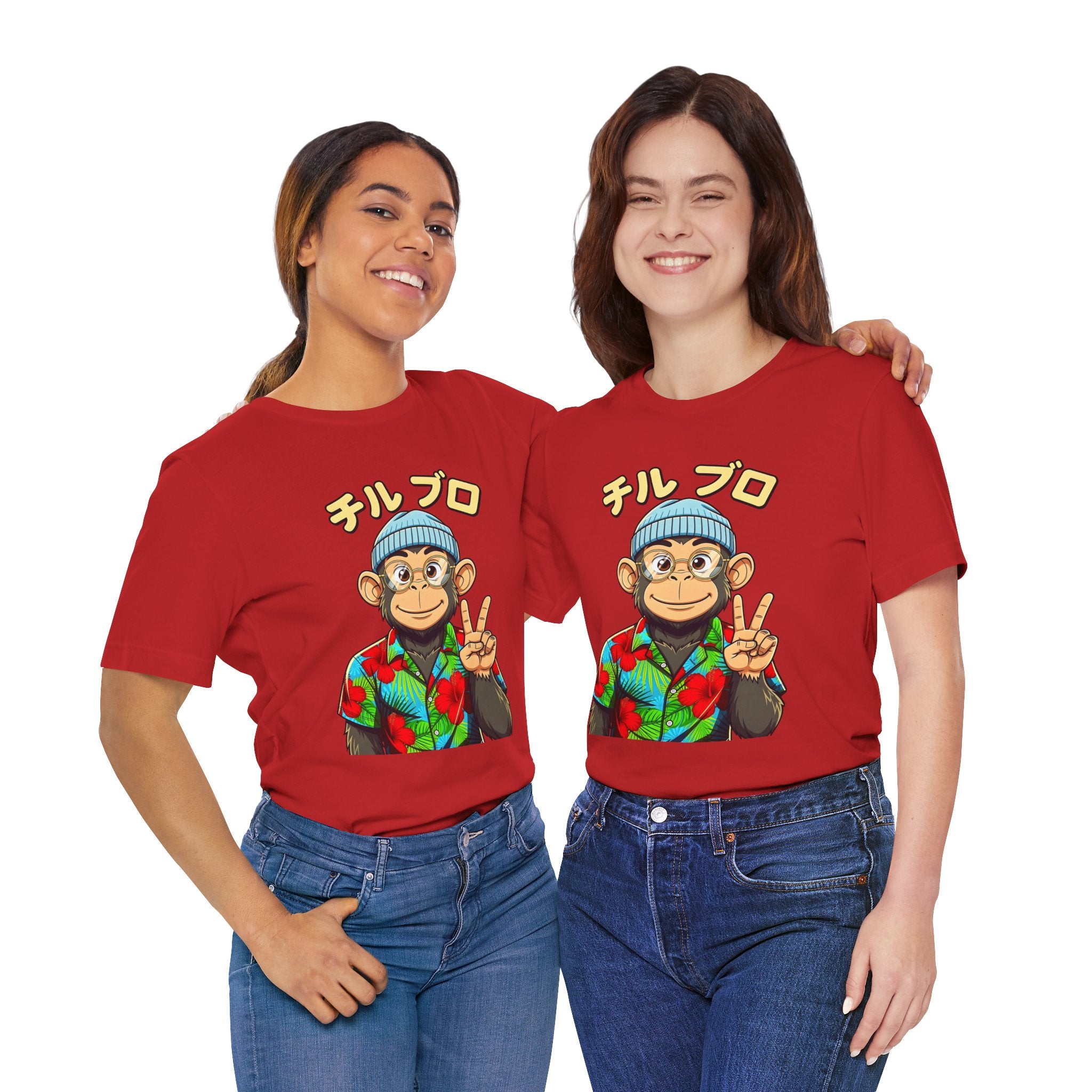 Monkey Peace Sign Tee — Hawaiian Shirt Chimp Graphic with Japanese Text
