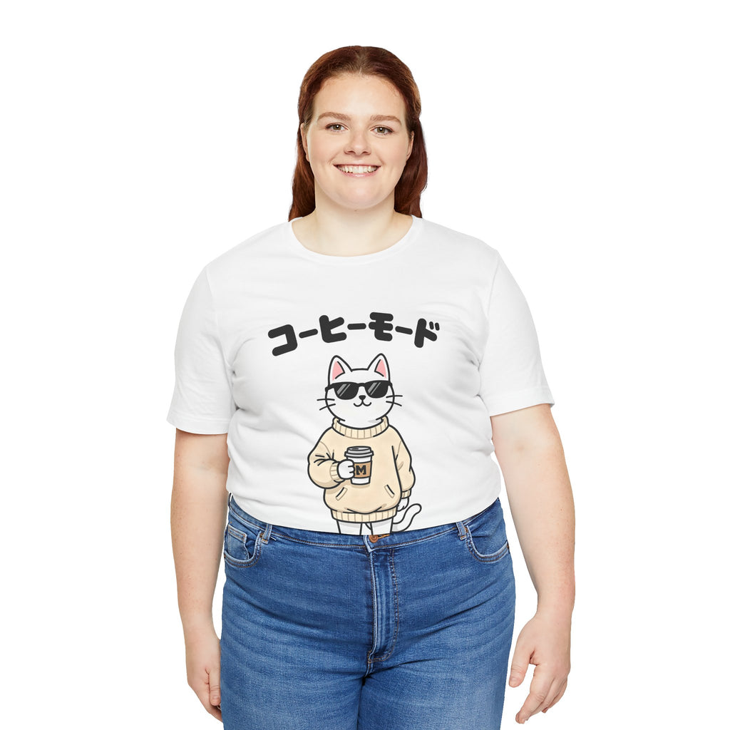 Coffee Mode Cat Tee — Cute Japanese Cat Holding Coffee T-Shirt