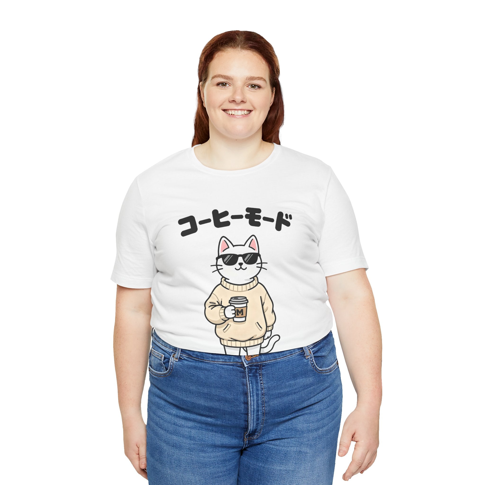 Coffee Mode Cat Tee — Cute Japanese Cat Holding Coffee T-Shirt