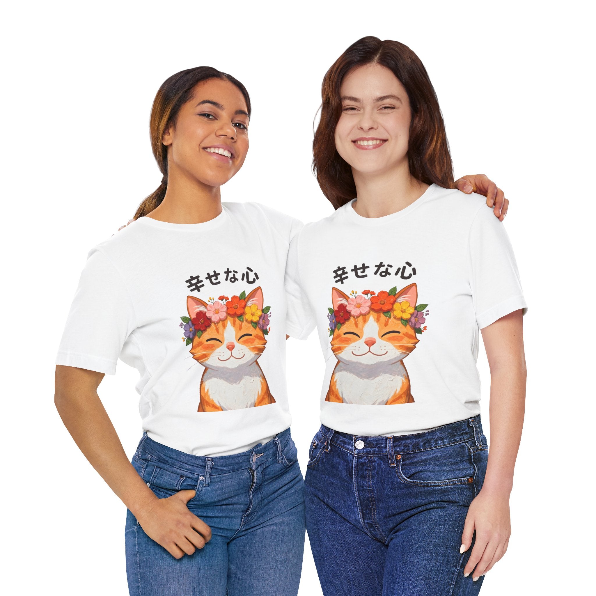 Happy Cat T-Shirt — Smiling Ginger Cat with Flower Crown (Japanese “幸せな心”)