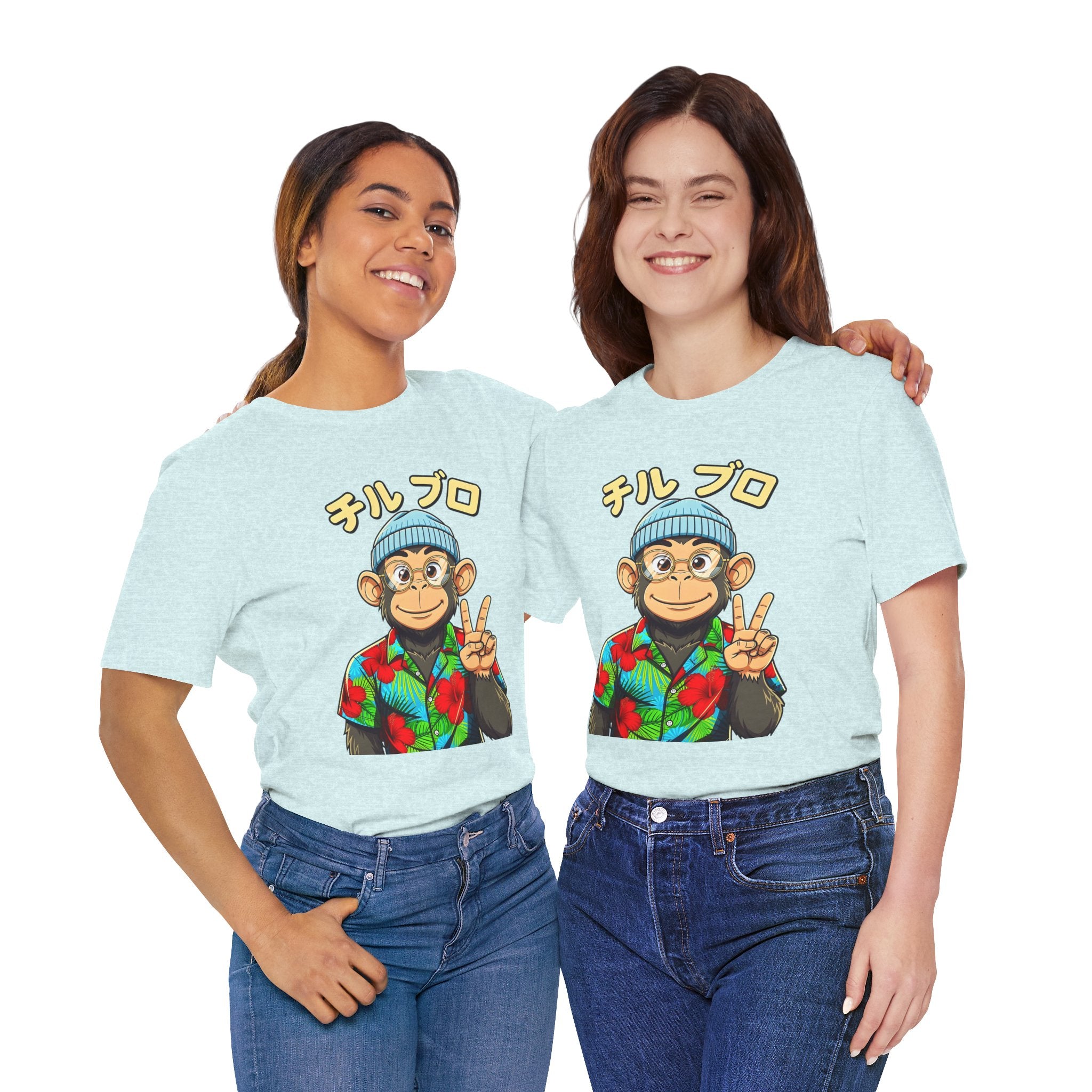 Monkey Peace Sign Tee — Hawaiian Shirt Chimp Graphic with Japanese Text