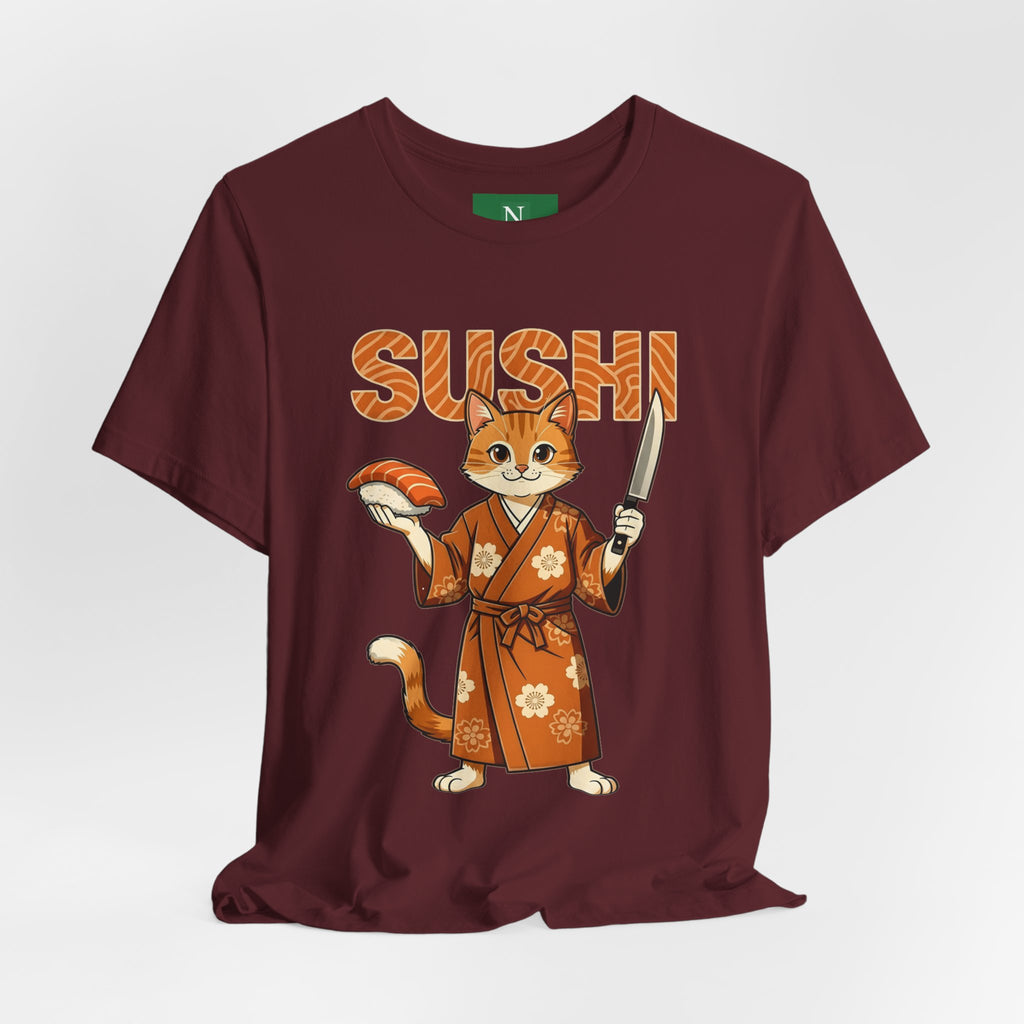Sushi Cat Graphic Tee — Cute Samurai Cat Holding Sushi & Knife