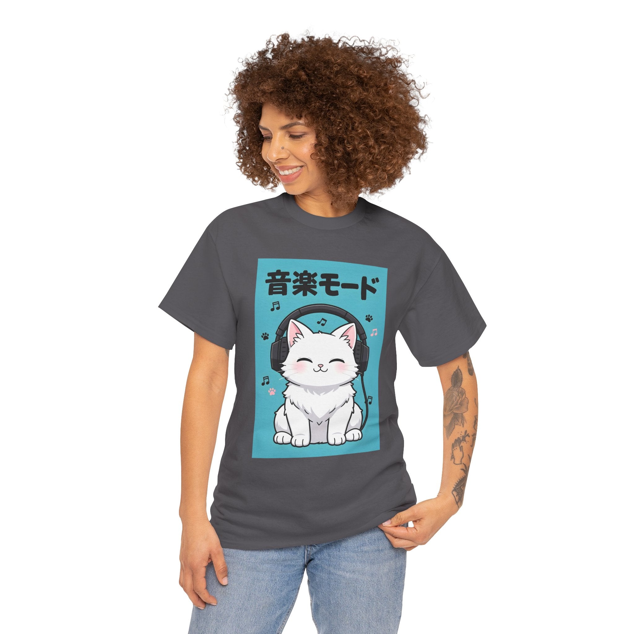 Music Mode Cat T-Shirt — Cute Headphone Kitten Tee (Japanese Text)