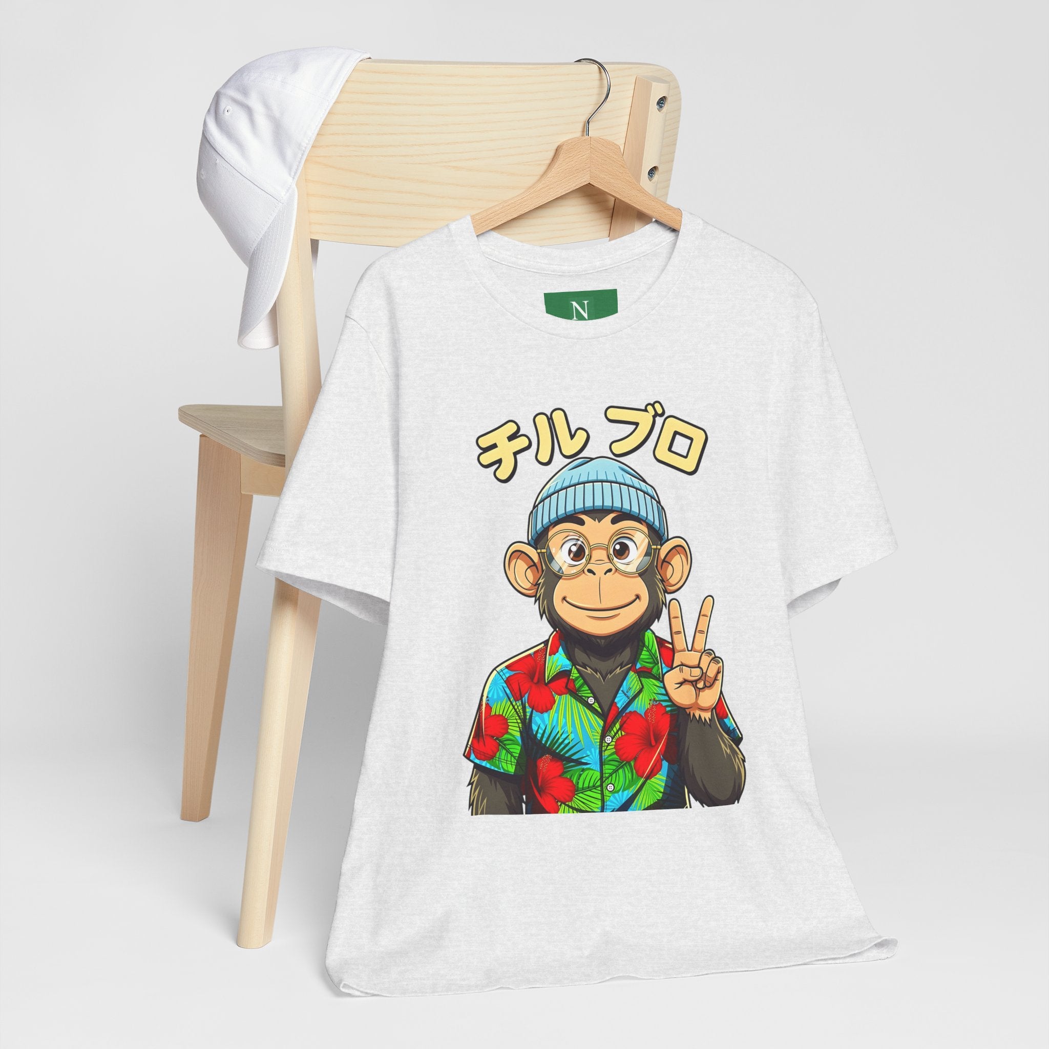 Monkey Peace Sign Tee — Hawaiian Shirt Chimp Graphic with Japanese Text