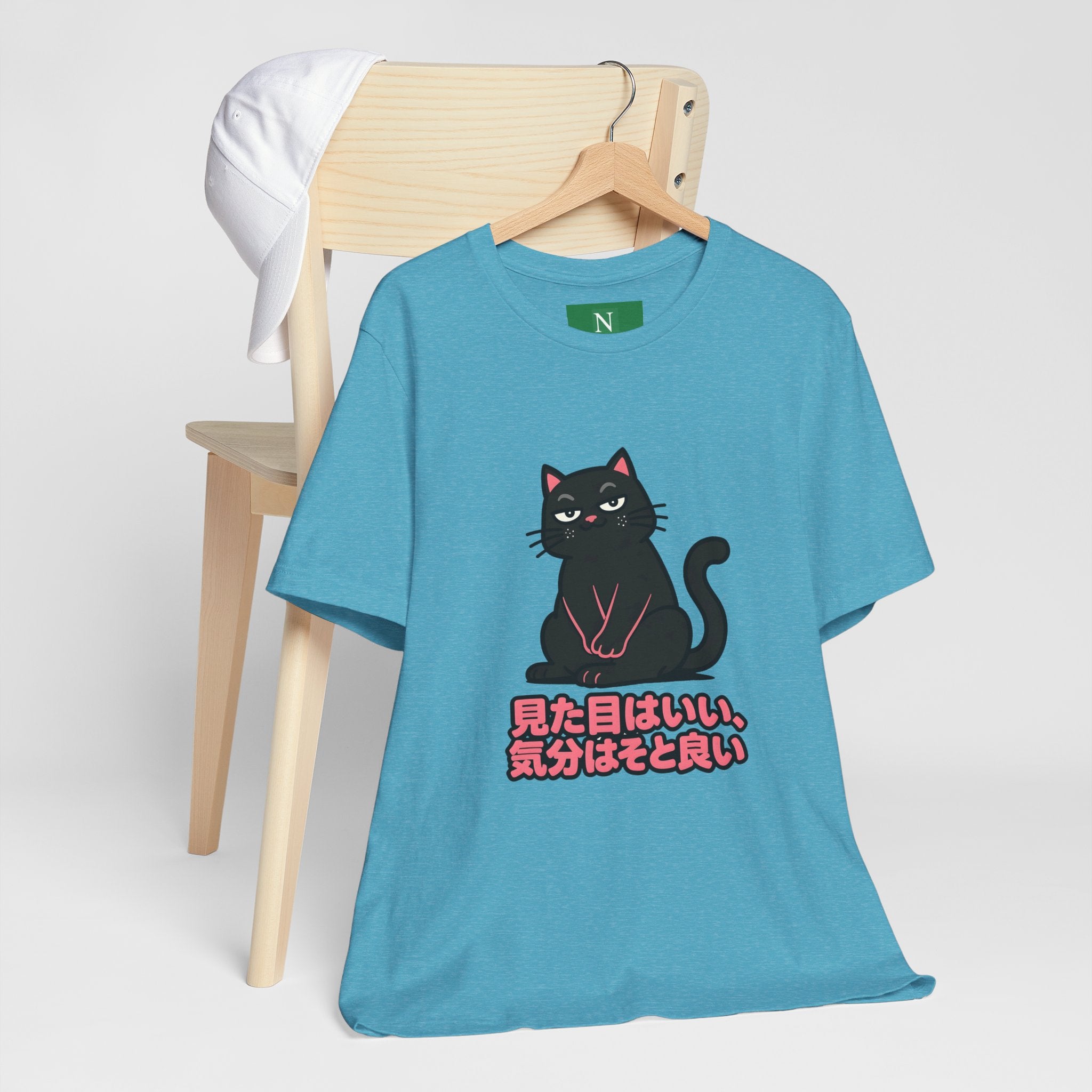 Black Cat Tee with Japanese Text — 'Mita Me wa Ii, Kimochi wa Sore Ijo' Cute Kawaii Graphic T-Shirt