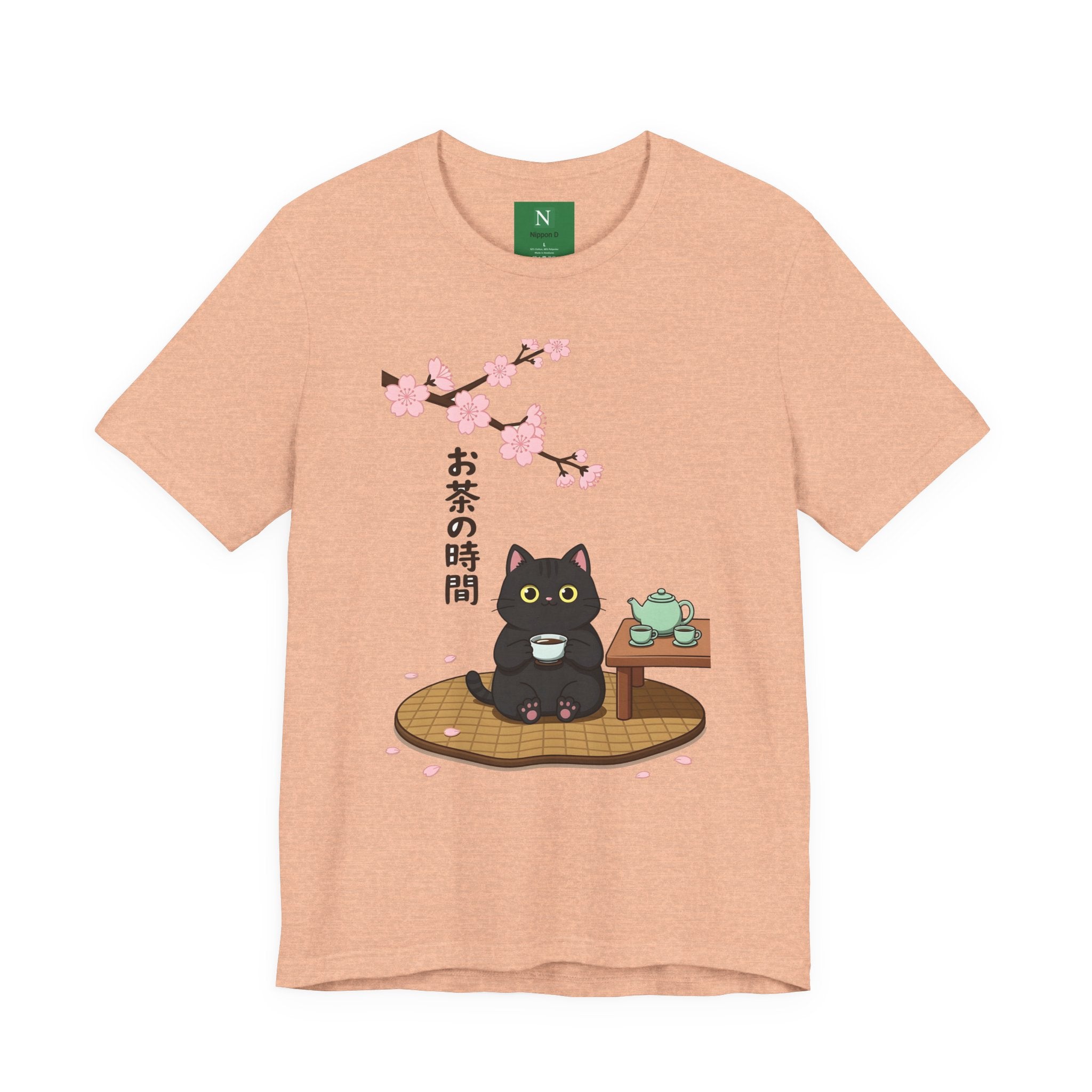 Cat Tea Time T-Shirt — Kawaii Black Cat with Sakura and Teapot