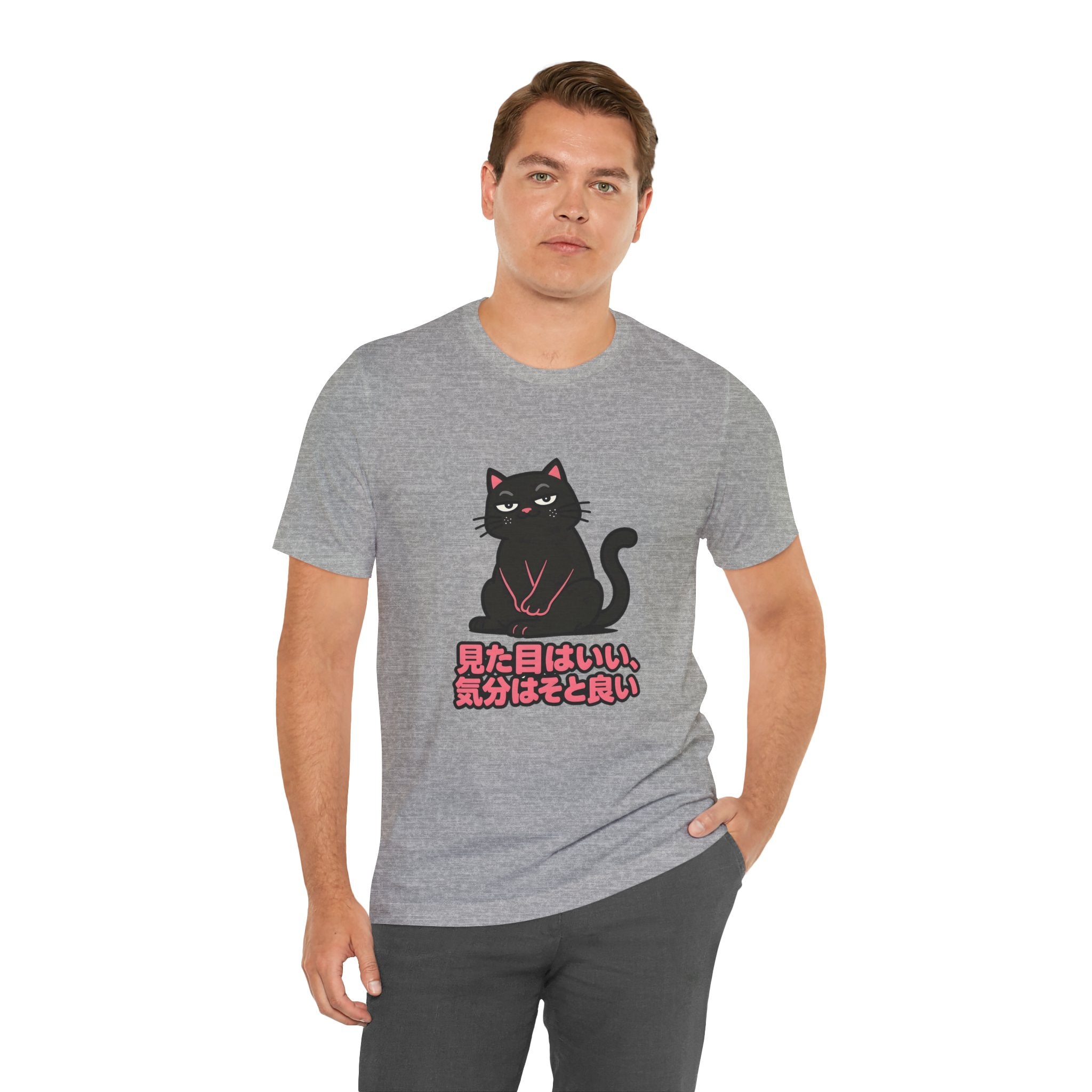Black Cat Tee with Japanese Text — 'Mita Me wa Ii, Kimochi wa Sore Ijo' Cute Kawaii Graphic T-Shirt
