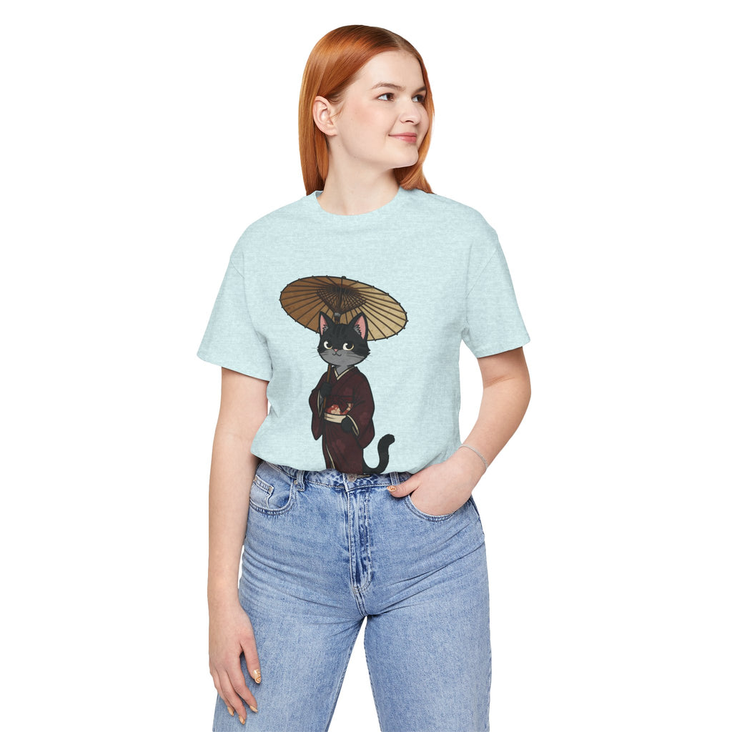 Geisha Cat Tee — Japanese Umbrella Cat Graphic T-Shirt