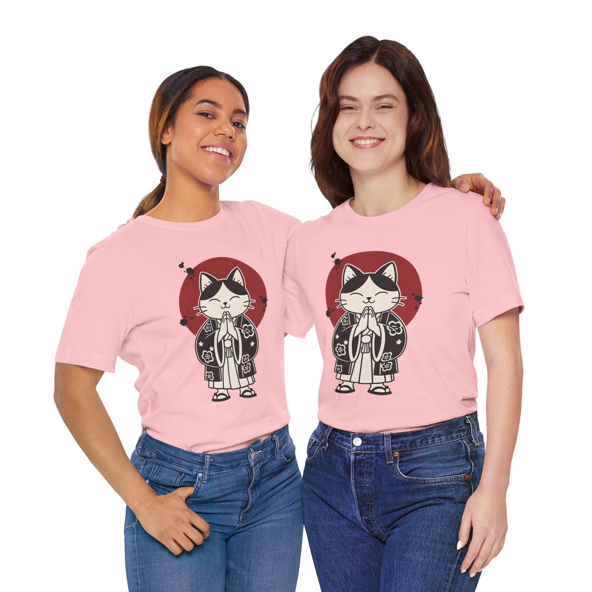 Samurai Cat T‑Shirt — Cute Praying Cat with Red Sun Graphic