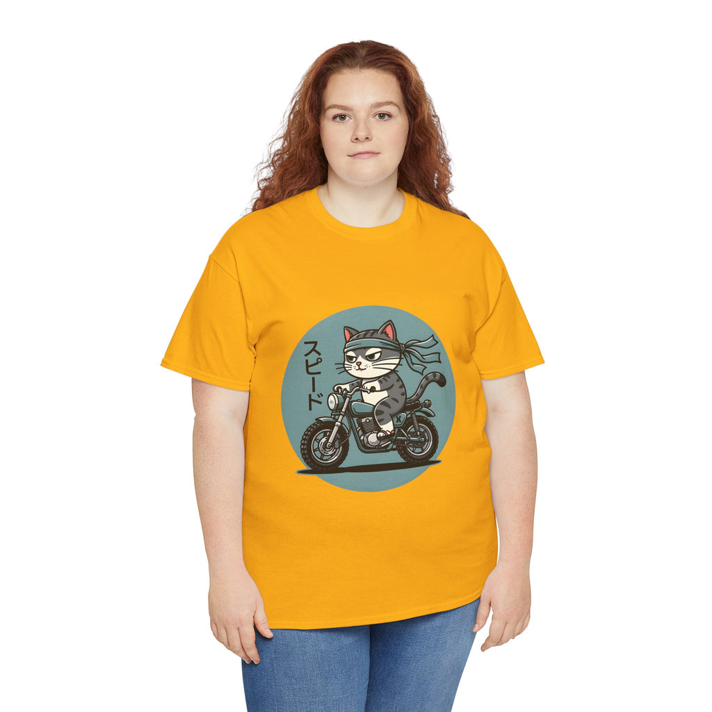 Cat Biker T‑Shirt — Retro Motorcycle Cat with Japanese “Speed” Text