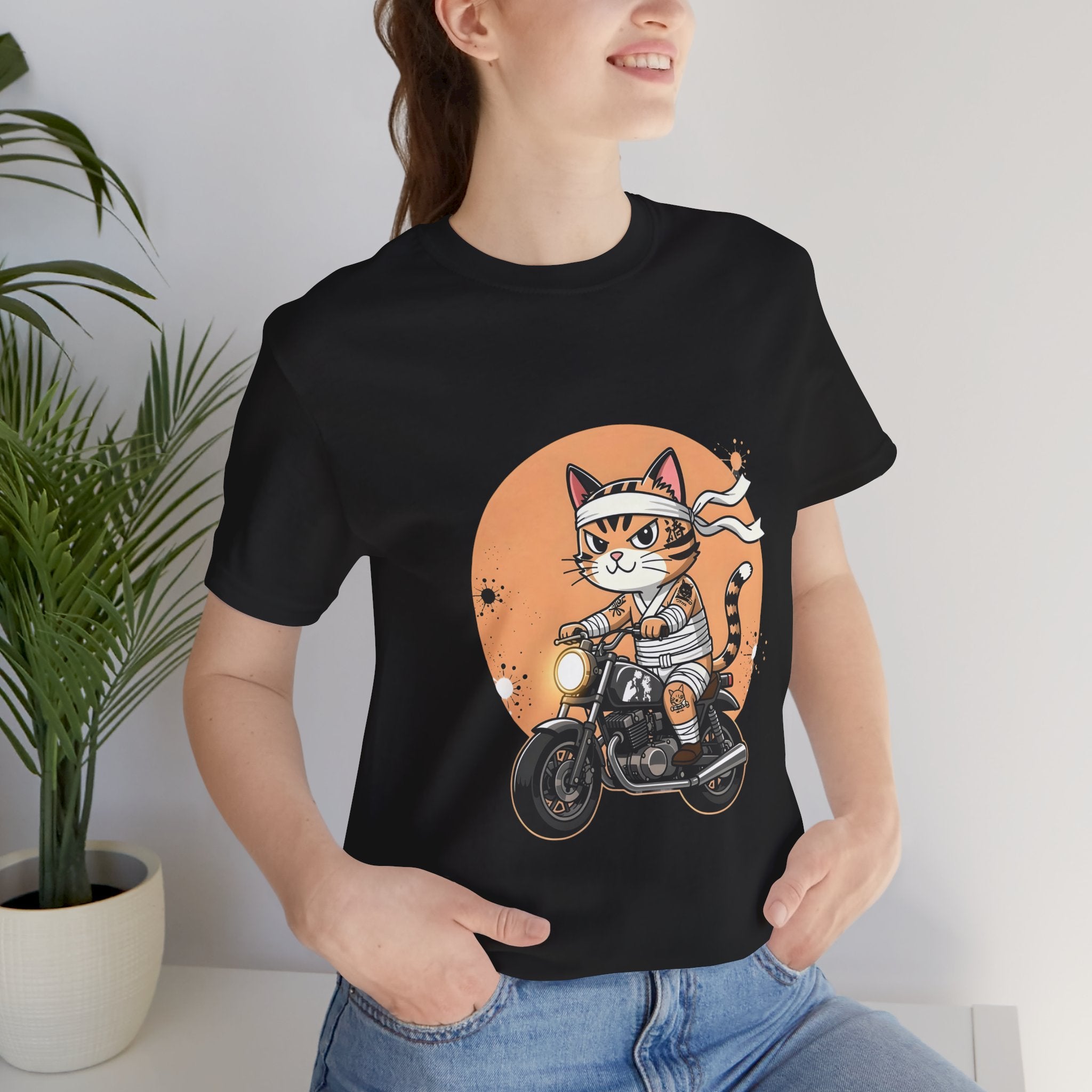 Retro Biker Cat T‑Shirt — Cute Motorcycle Cat Graphic Tee