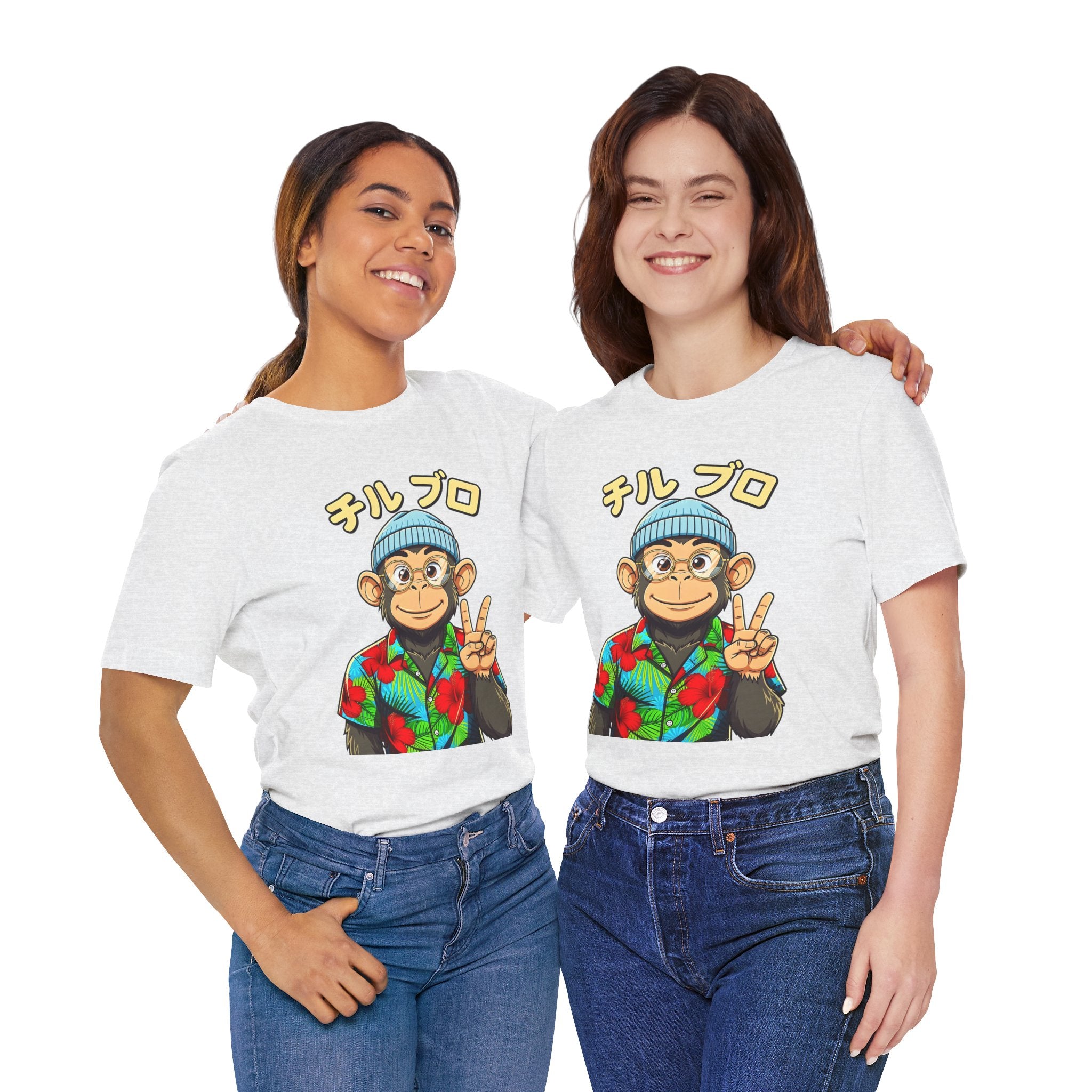 Monkey Peace Sign Tee — Hawaiian Shirt Chimp Graphic with Japanese Text