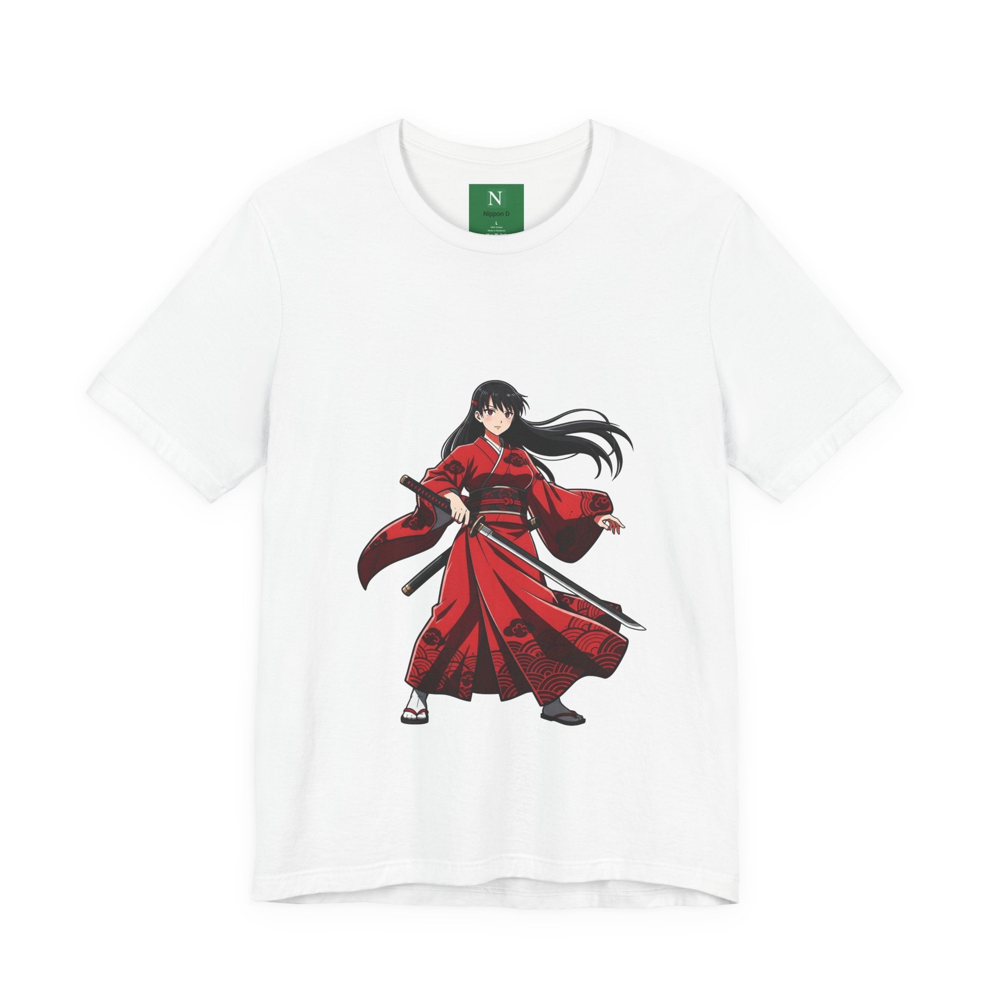 Anime Red Warrior T-Shirt — Female Swordswoman Illustration Tee