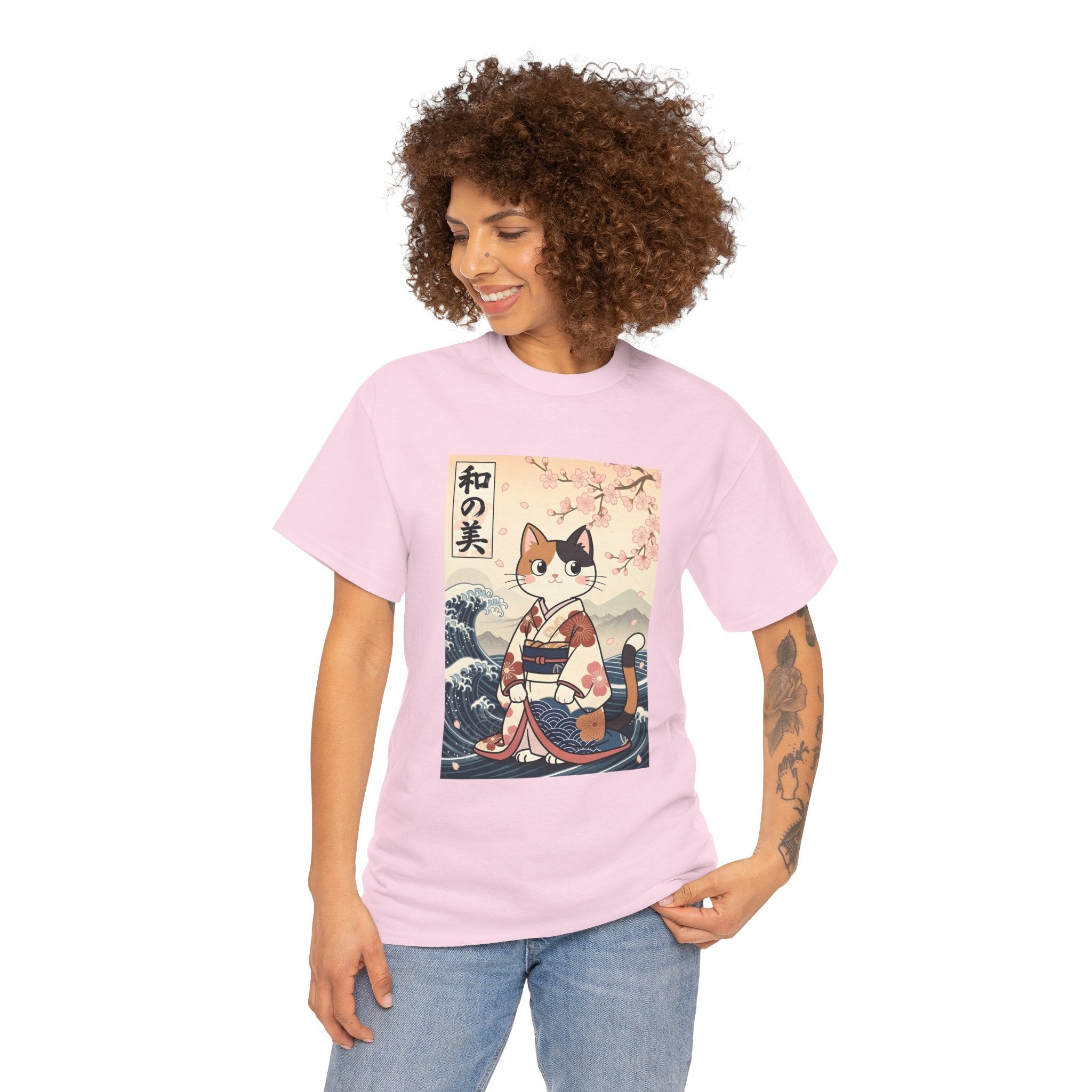 Cat Ukiyo-e T-Shirt — Vintage Japanese Kimono Cat with Cherry Blossoms