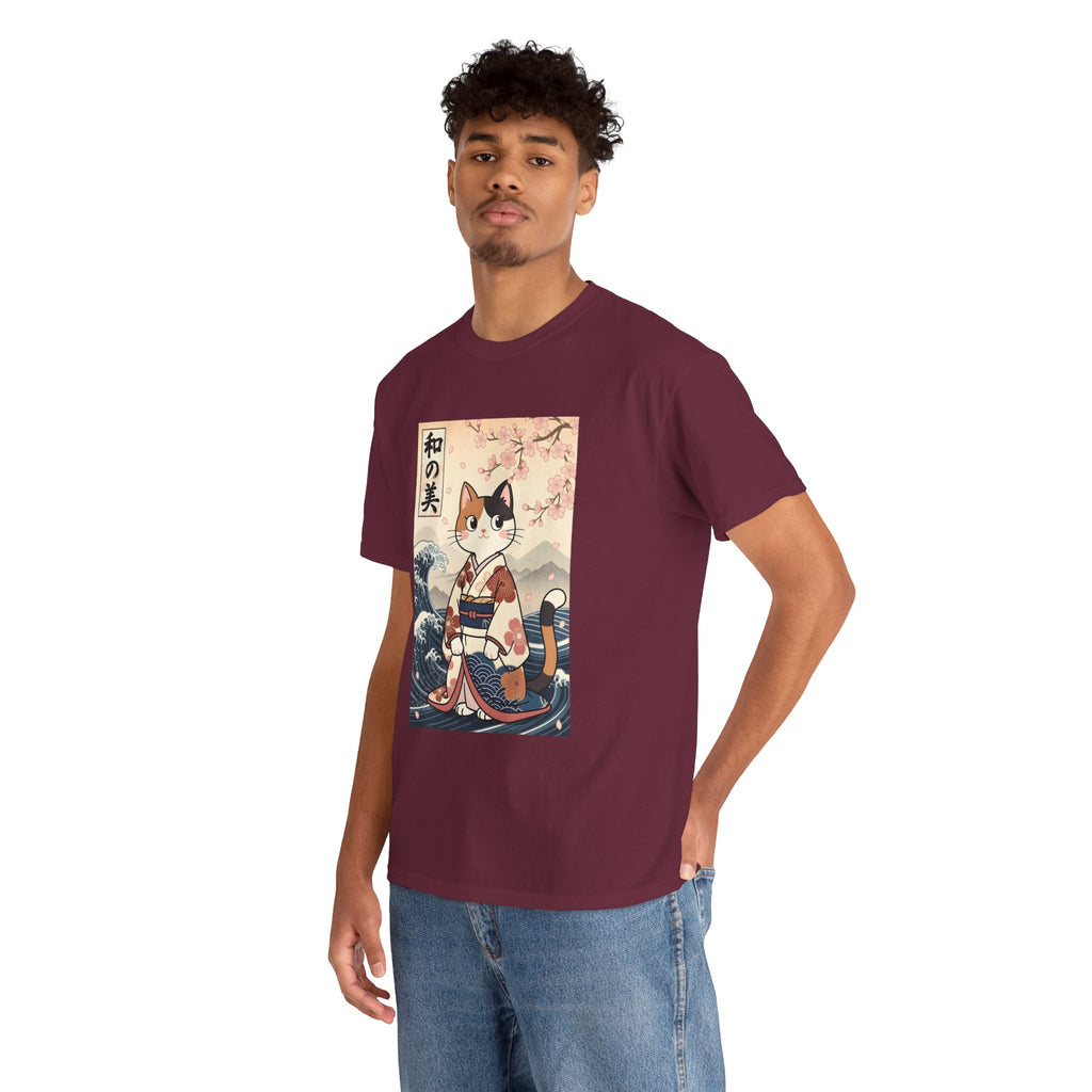 Cat Ukiyo-e T-Shirt — Vintage Japanese Kimono Cat with Cherry Blossoms