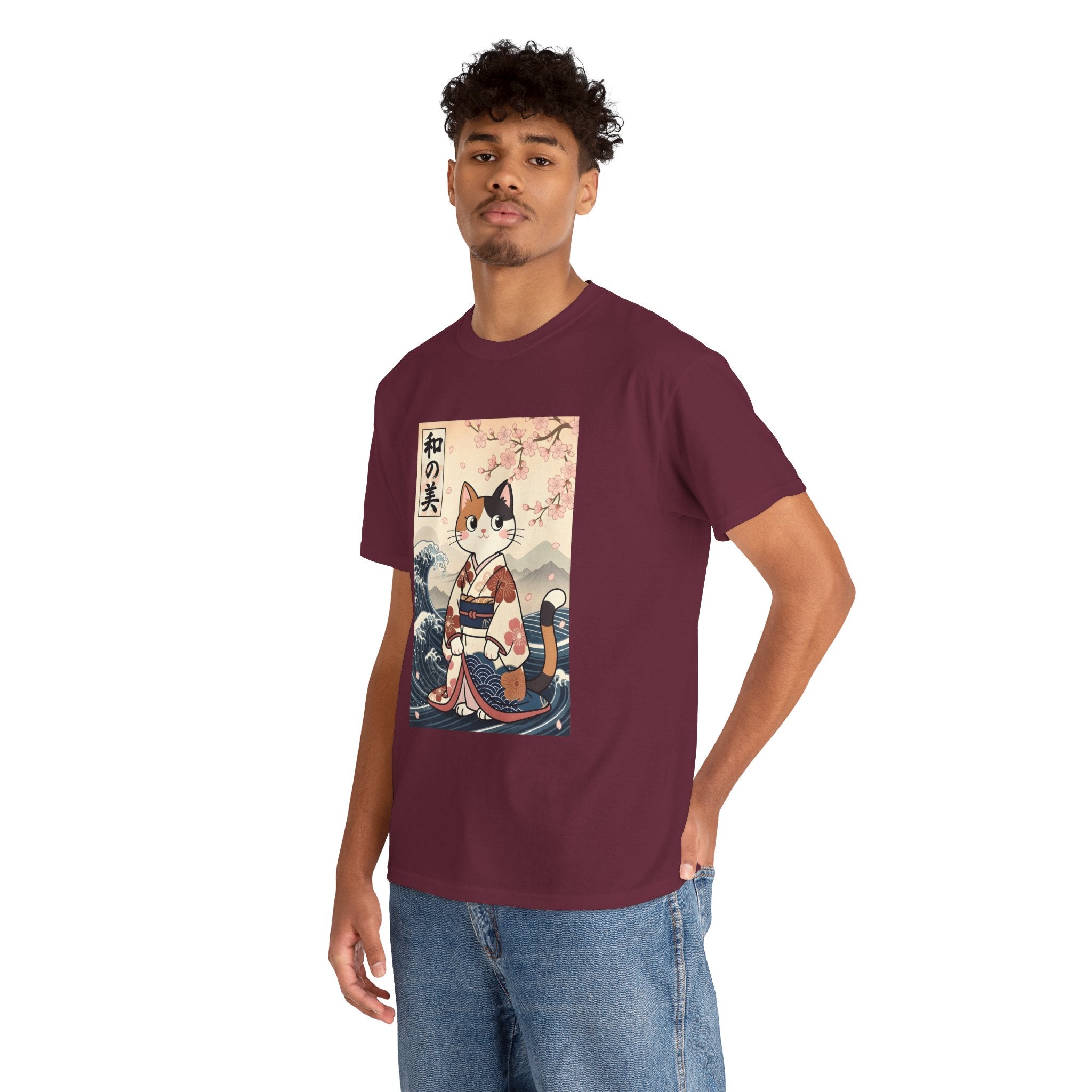 Cat Ukiyo-e T-Shirt — Vintage Japanese Kimono Cat with Cherry Blossoms