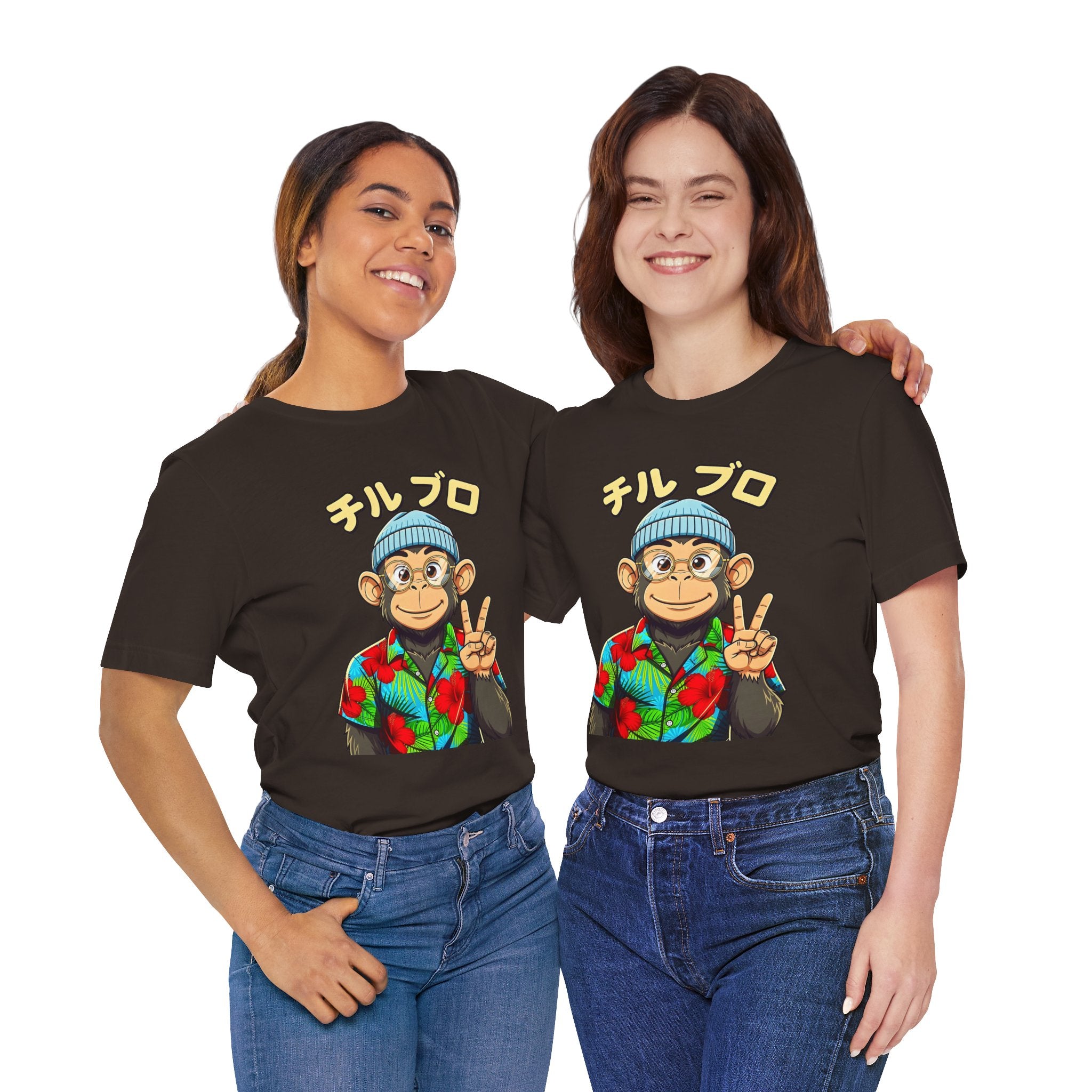 Monkey Peace Sign Tee — Hawaiian Shirt Chimp Graphic with Japanese Text