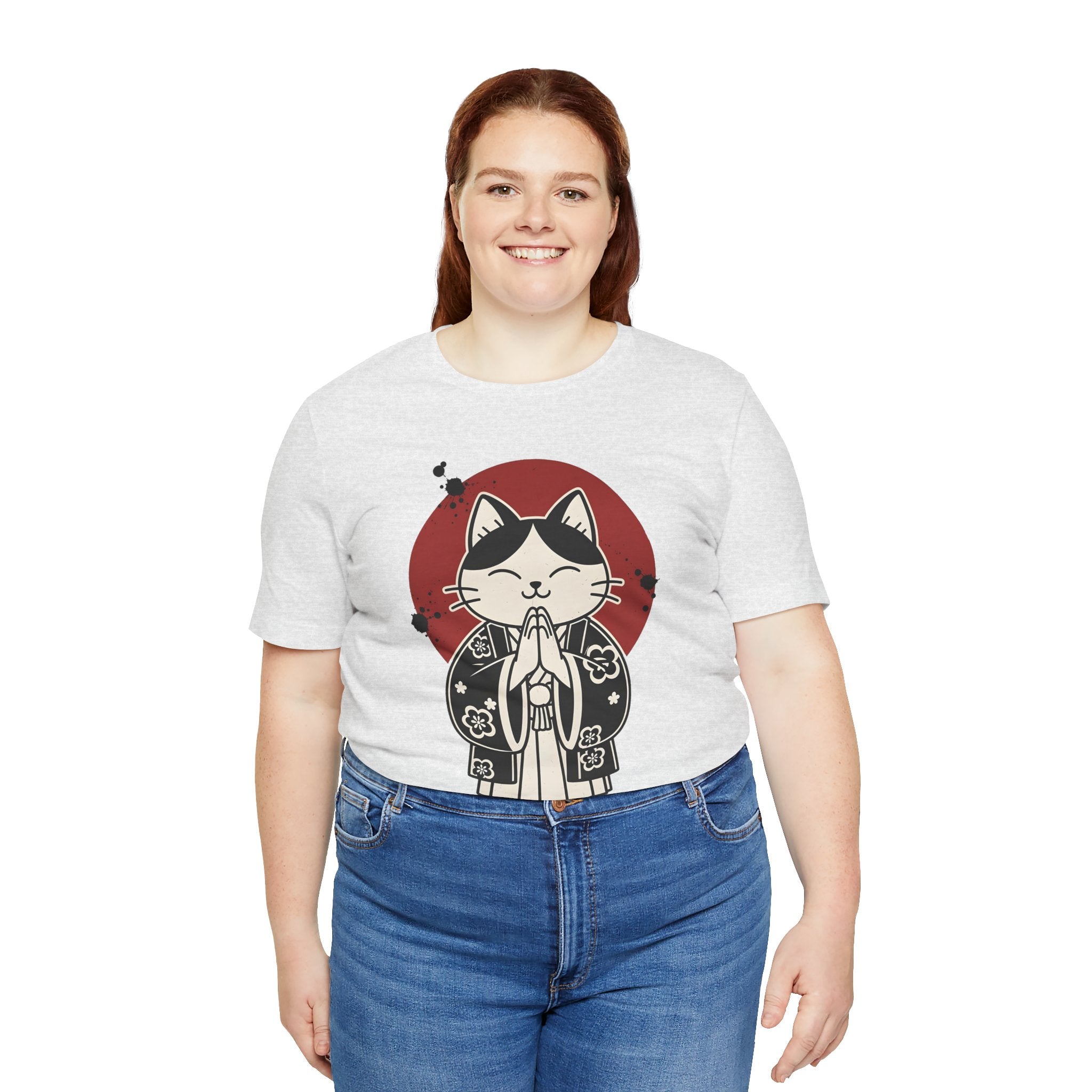 Samurai Cat T‑Shirt — Cute Praying Cat with Red Sun Graphic