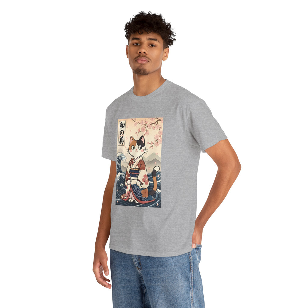 Cat Ukiyo-e T-Shirt — Vintage Japanese Kimono Cat with Cherry Blossoms